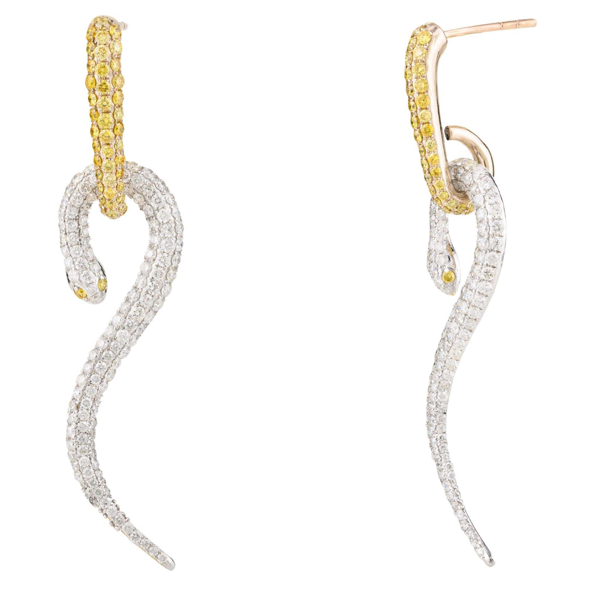 18 Karat White Gold 2.37 CTW Yellow White Diamond Snake Dangle Earrings For Sale