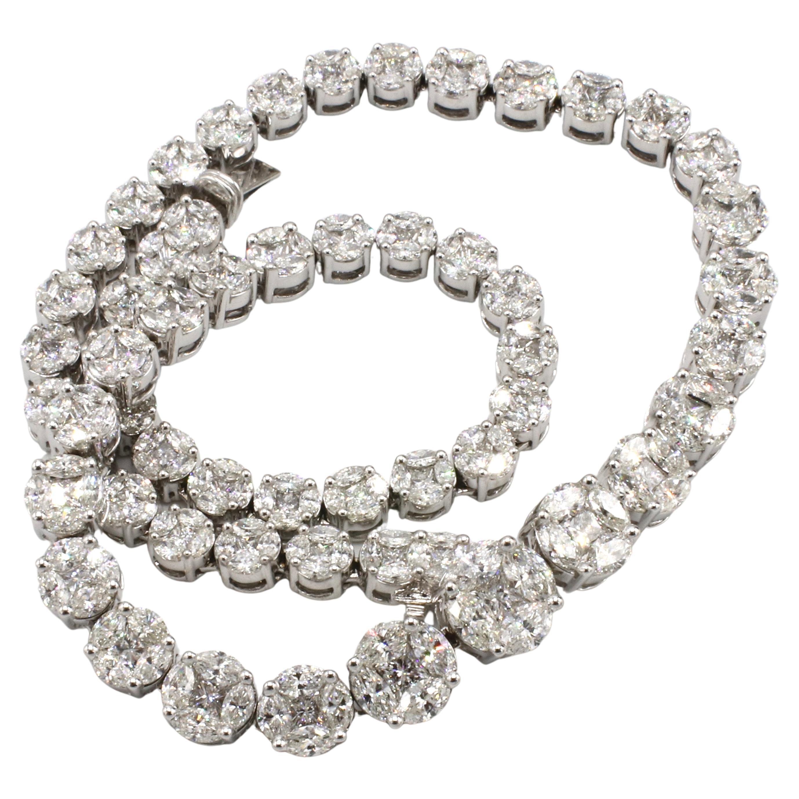Modern 18 Karat White Gold 25 Carat Diamond Cluster Graduated Riviera Tennis Necklace 