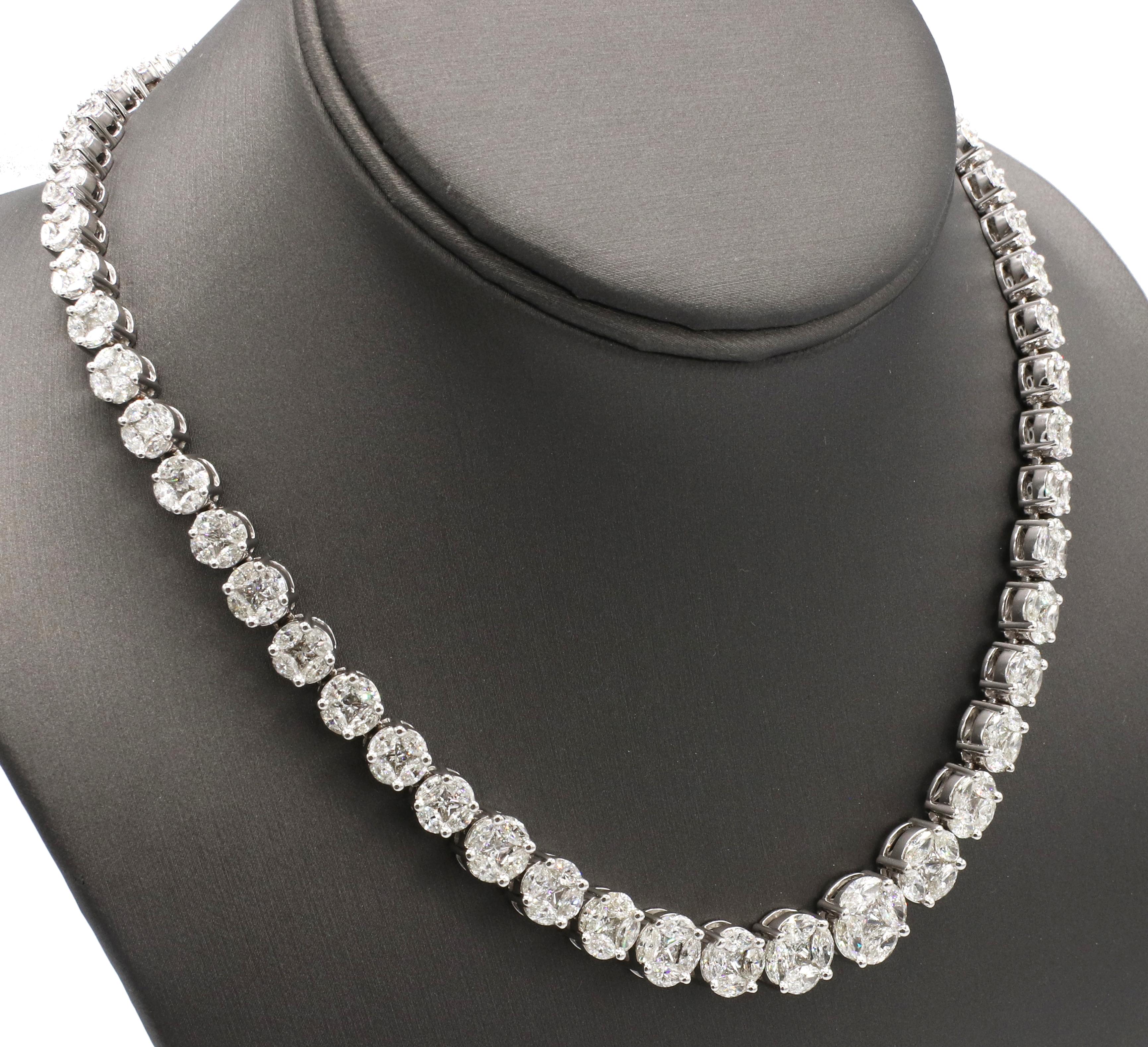 18 Karat White Gold 25 Carat Diamond Cluster Graduated Riviera Tennis Necklace  In Excellent Condition In  Baltimore, MD