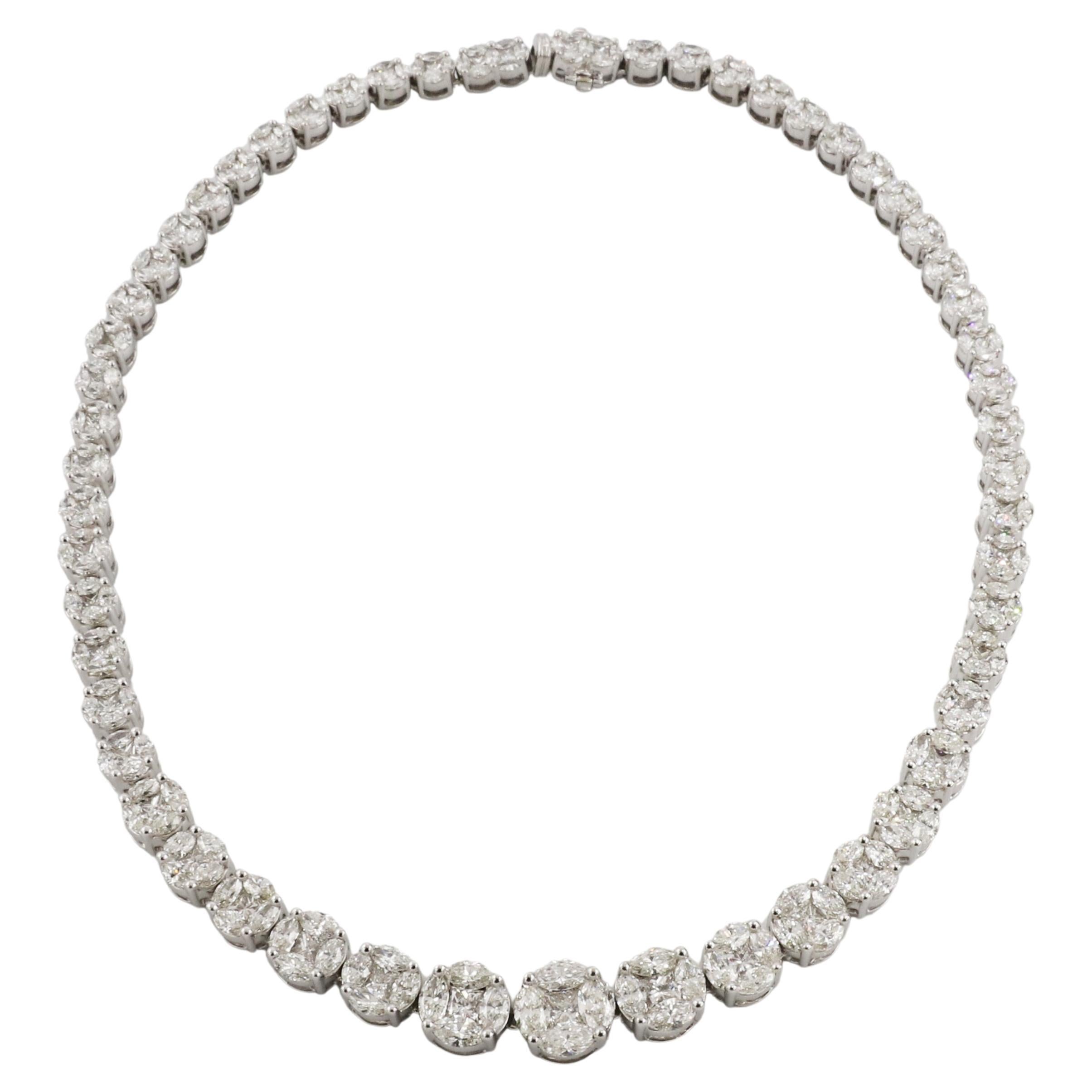 18 Karat White Gold 25 Carat Diamond Cluster Graduated Riviera Tennis Necklace 