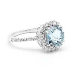 18 Karat White Gold 2.50 Carat Aquamarine Cushion-Cut Diamond Cluster Ring
