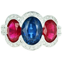 18 Karat White Gold 2.50 Carat Thai Sapphire and Pigeon Blood Ruby Ring