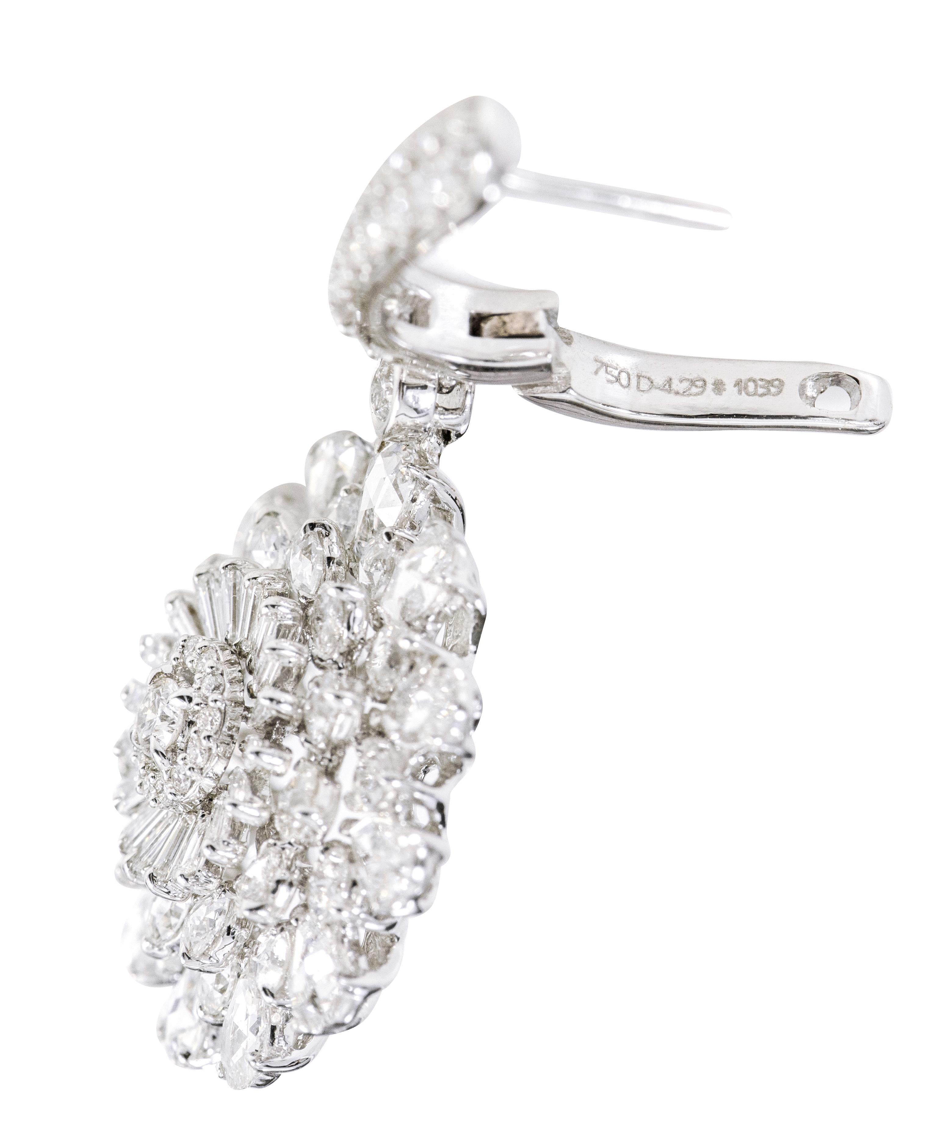 18 Karat White Gold 2.51 Carat Diamond Dangle Earrings Statement For Sale 1