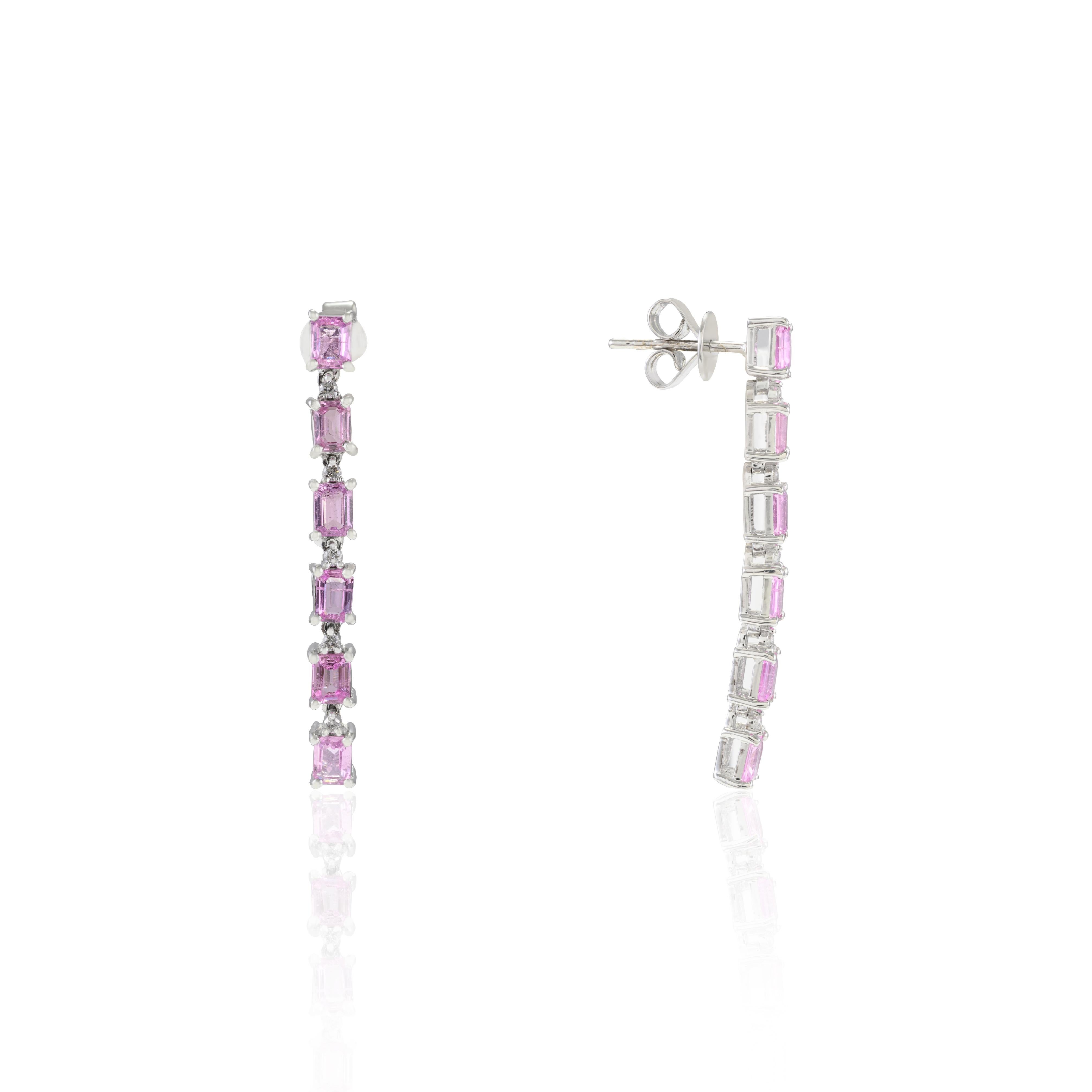 Octagon Cut 18 Karat White Gold 2.53ct Pink Sapphire and Diamond Cocktail Earrings For Sale