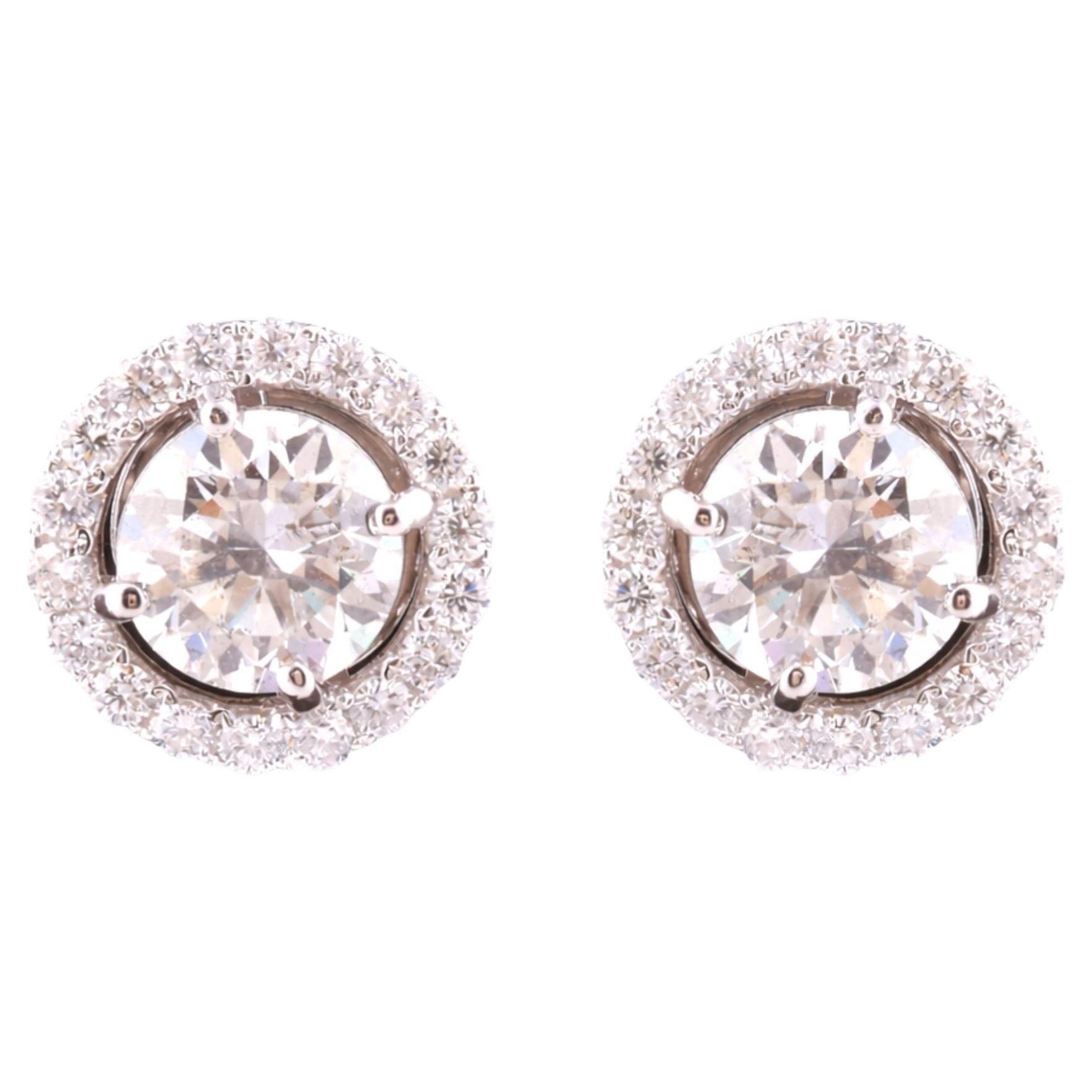 18 Karat White Gold 2.58 Carat SI/H Round Diamond Solitaire Halo Stud Earrings