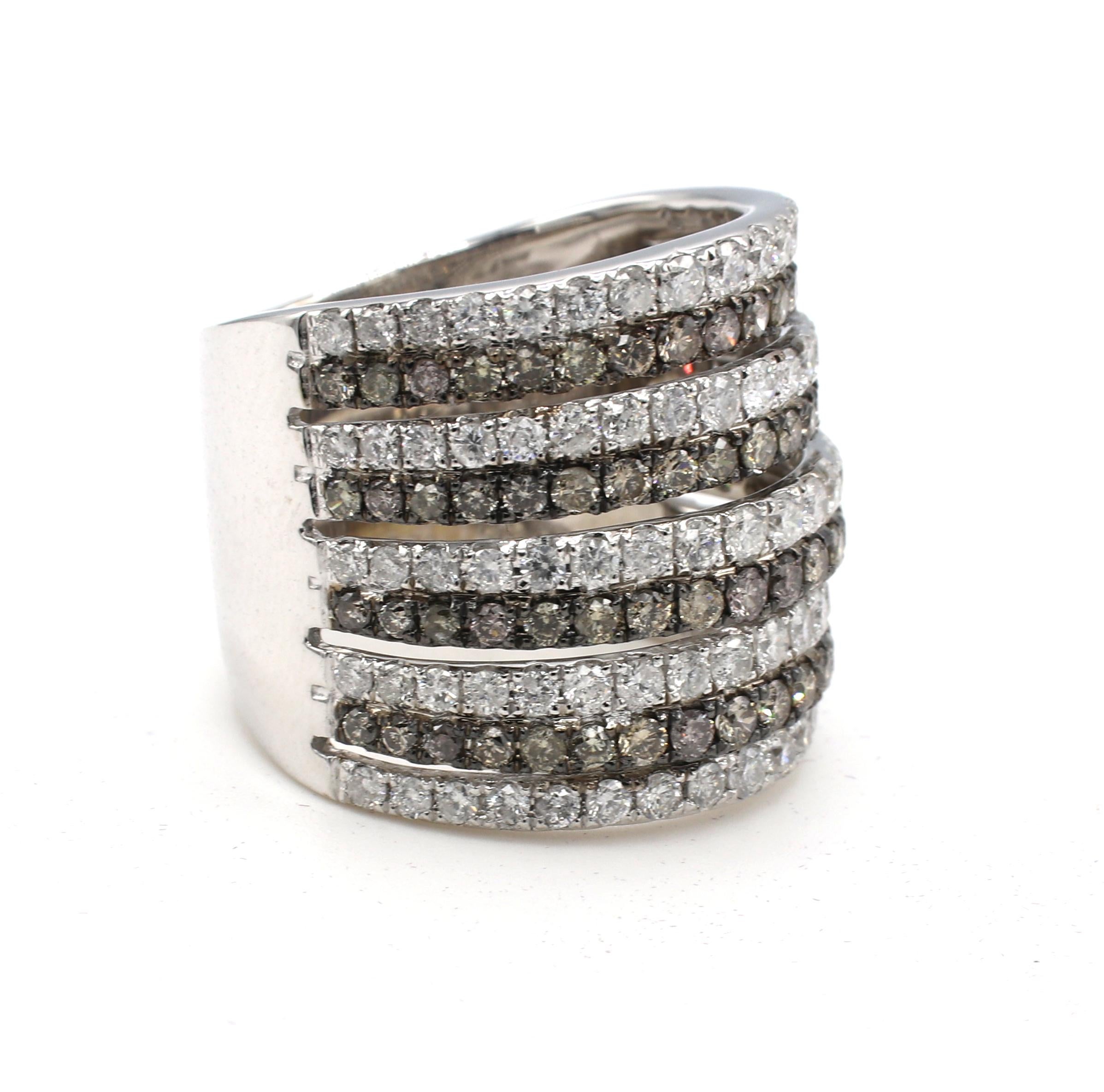 18 Karat White Gold 2.70 Carat White & Brown Dimond Wide Cocktail Band Ring 
Metal: 18k white gold
Weight: 11.78 grams
Diamonds: 2.70 CTW colorless & brown SI round diamonds 
Width: 19.3 - 10.8mm
Size: 7.25 (US)
Signed: D2.70 18K 750 
