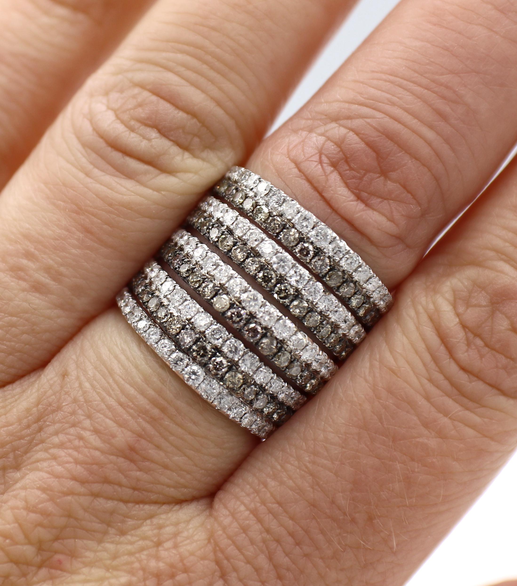 18 Karat White Gold 2.70 Carat White & Brown Dimond Wide Cocktail Band Ring In Excellent Condition In  Baltimore, MD