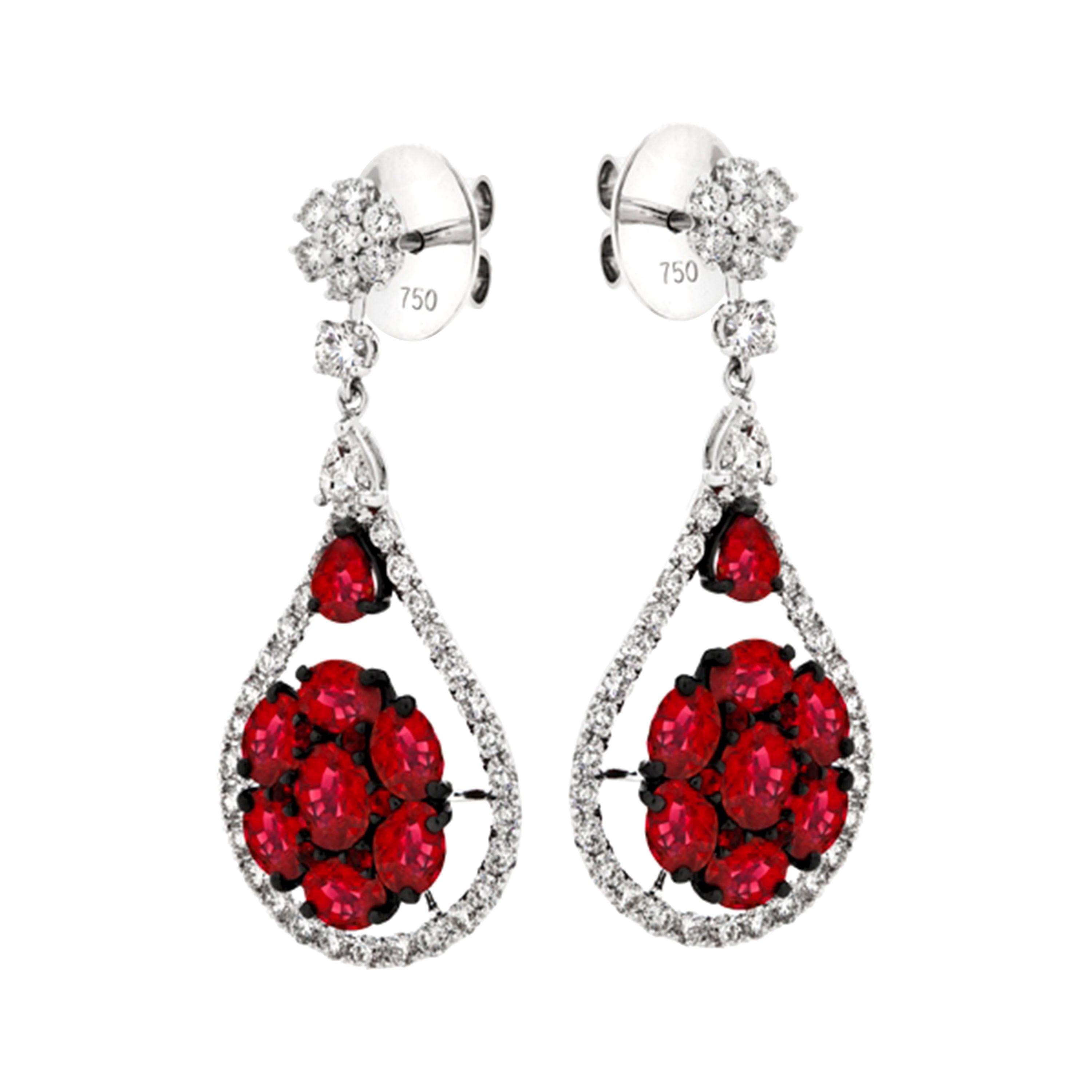 18 Karat White Gold 28 0.2 Karat Ruby 74 0.025 Karat Diamond Drop Earrings For Sale