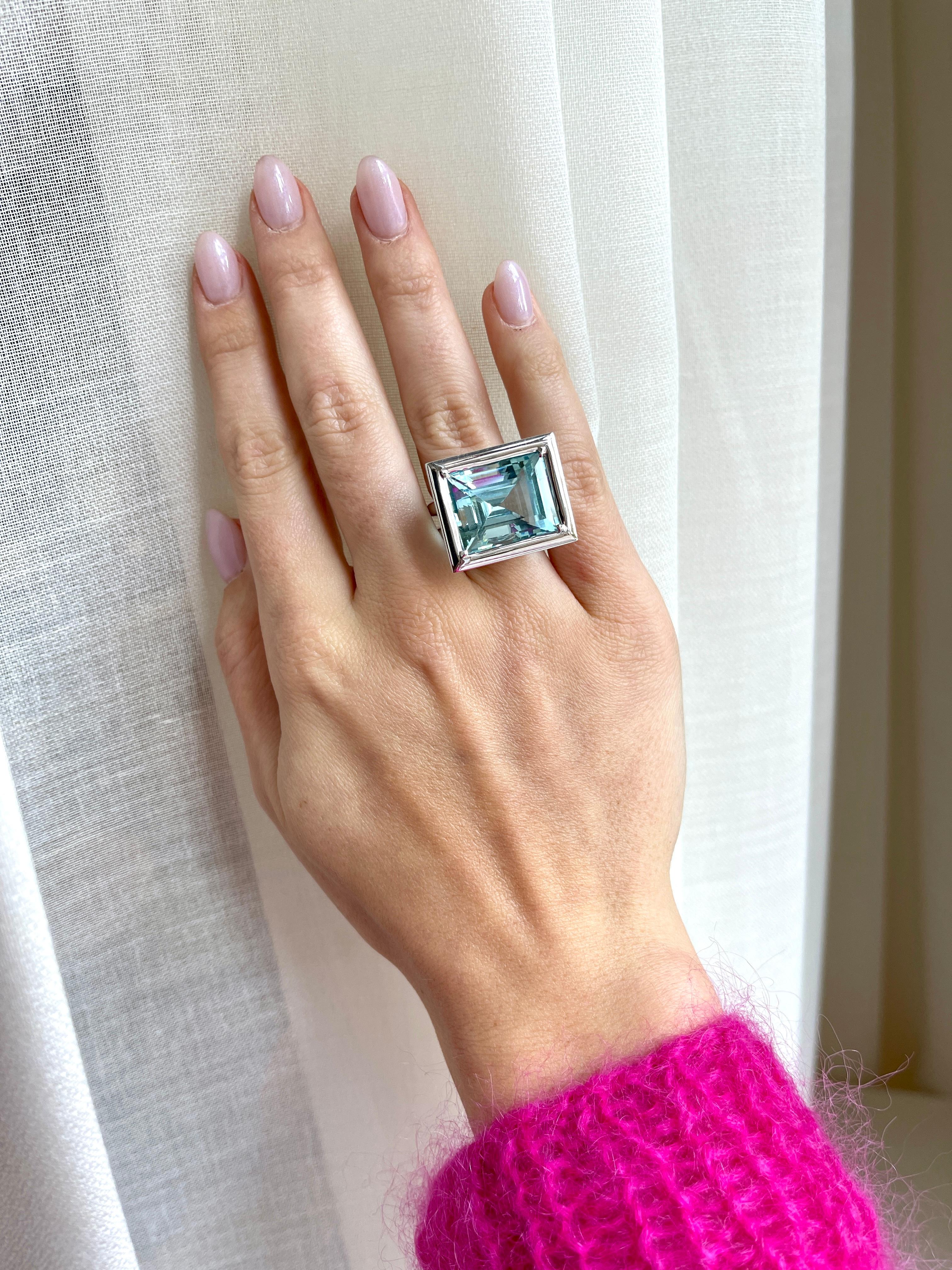 Asscher Cut 18 Karat White Gold 28, 4 Carat Aquamarine Cocktail Ring by Jochen Leën For Sale