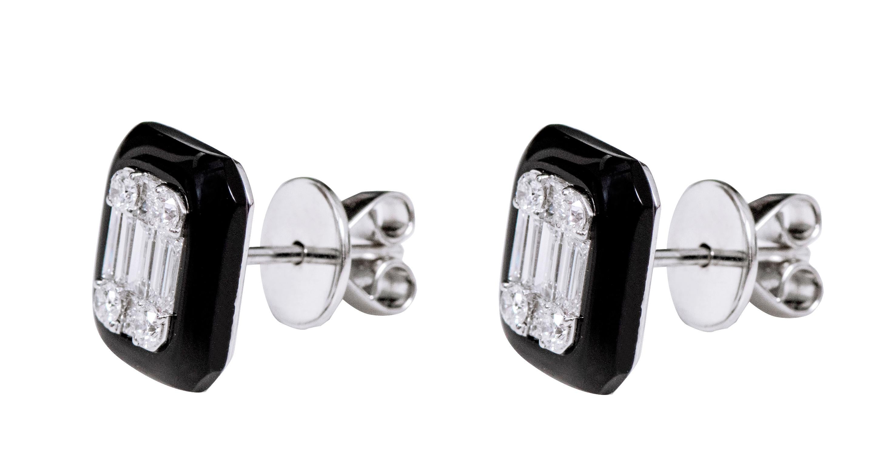 Baguette Cut 18 Karat White Gold 2.85 Carat Diamond and Black Onyx Stud Earrings