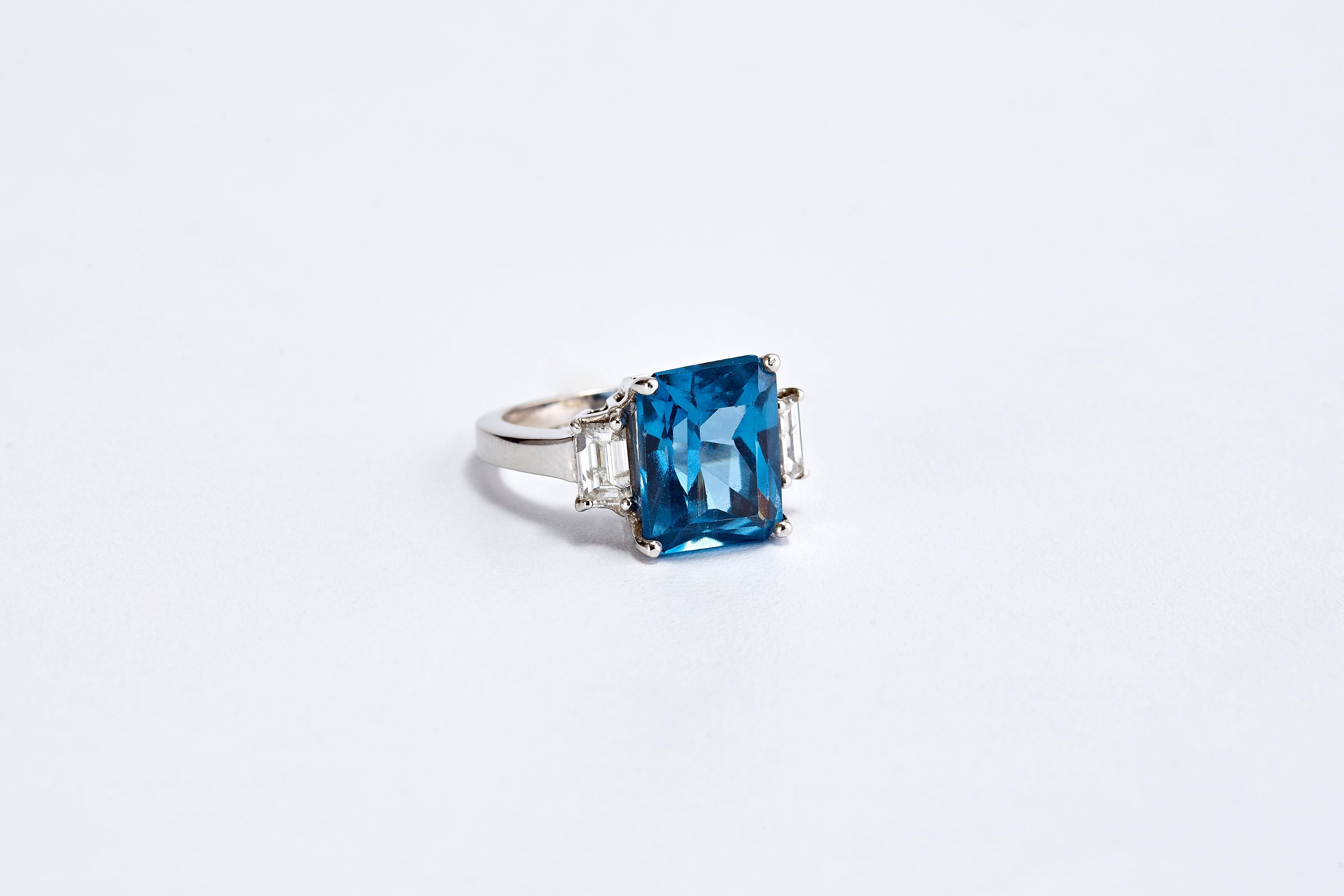 square aquamarine and diamond 3 stone ring