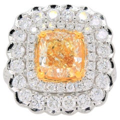 18 Karat White Gold 3.01 Carat Natural Fancy Yellow Cushion Diamond Ring