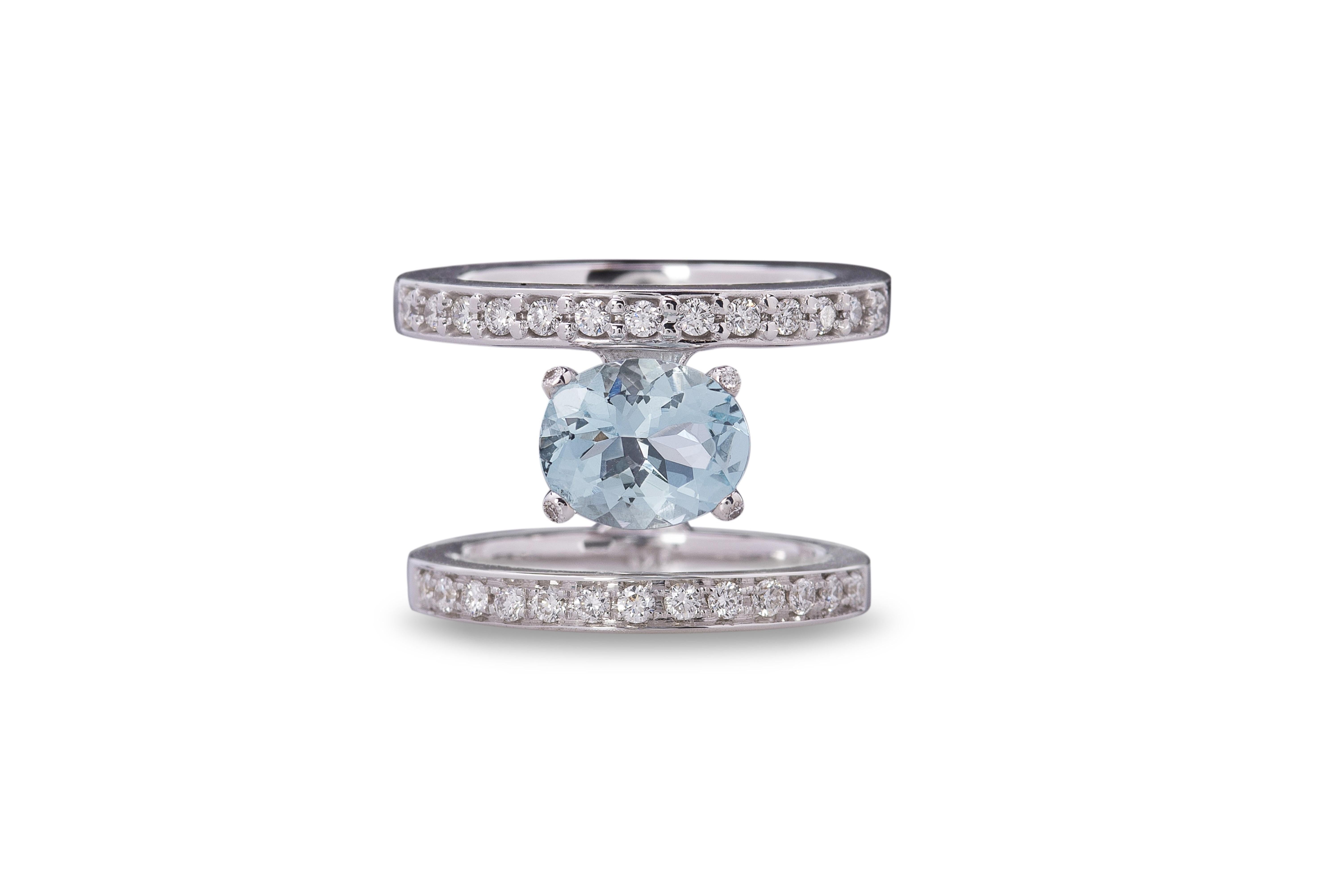 Anillo de diseño con diamantes blancos de oro blanco de 18 quilates y 3,1 quilates de aguamarina 0, 65 quilates en venta 3