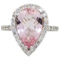 18 Karat White Gold 3.19 Carat Pear Shape Morganite Diamond Halo Ring