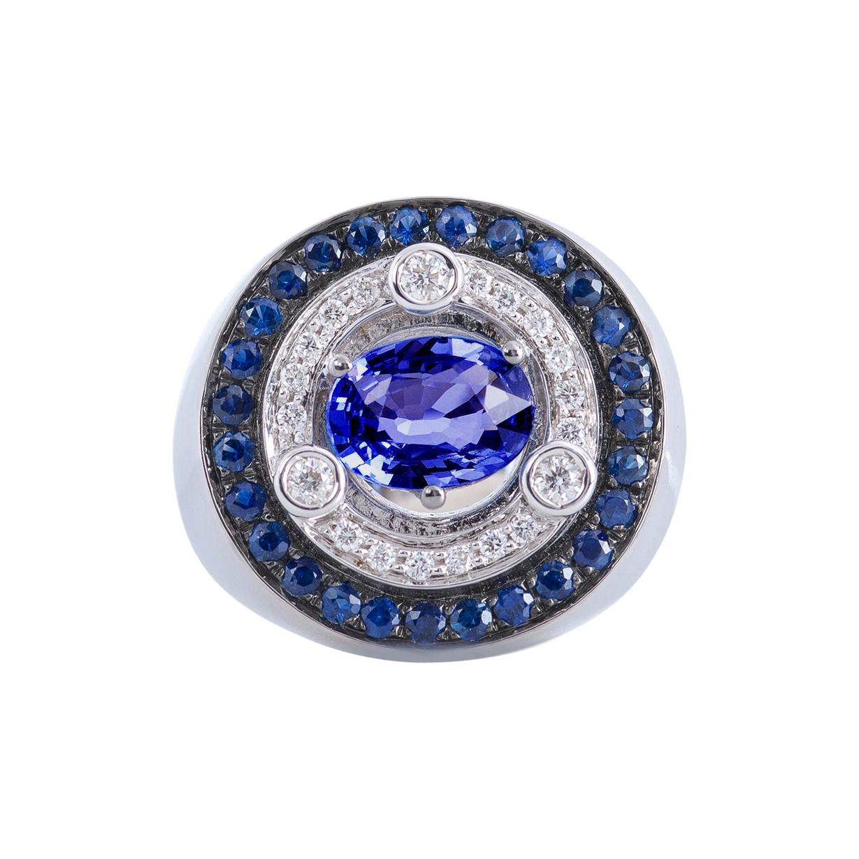 3.20 Karat Sapphires 0.30 Karat White Diamonds 18K White Gold Unisex Design Ring For Sale