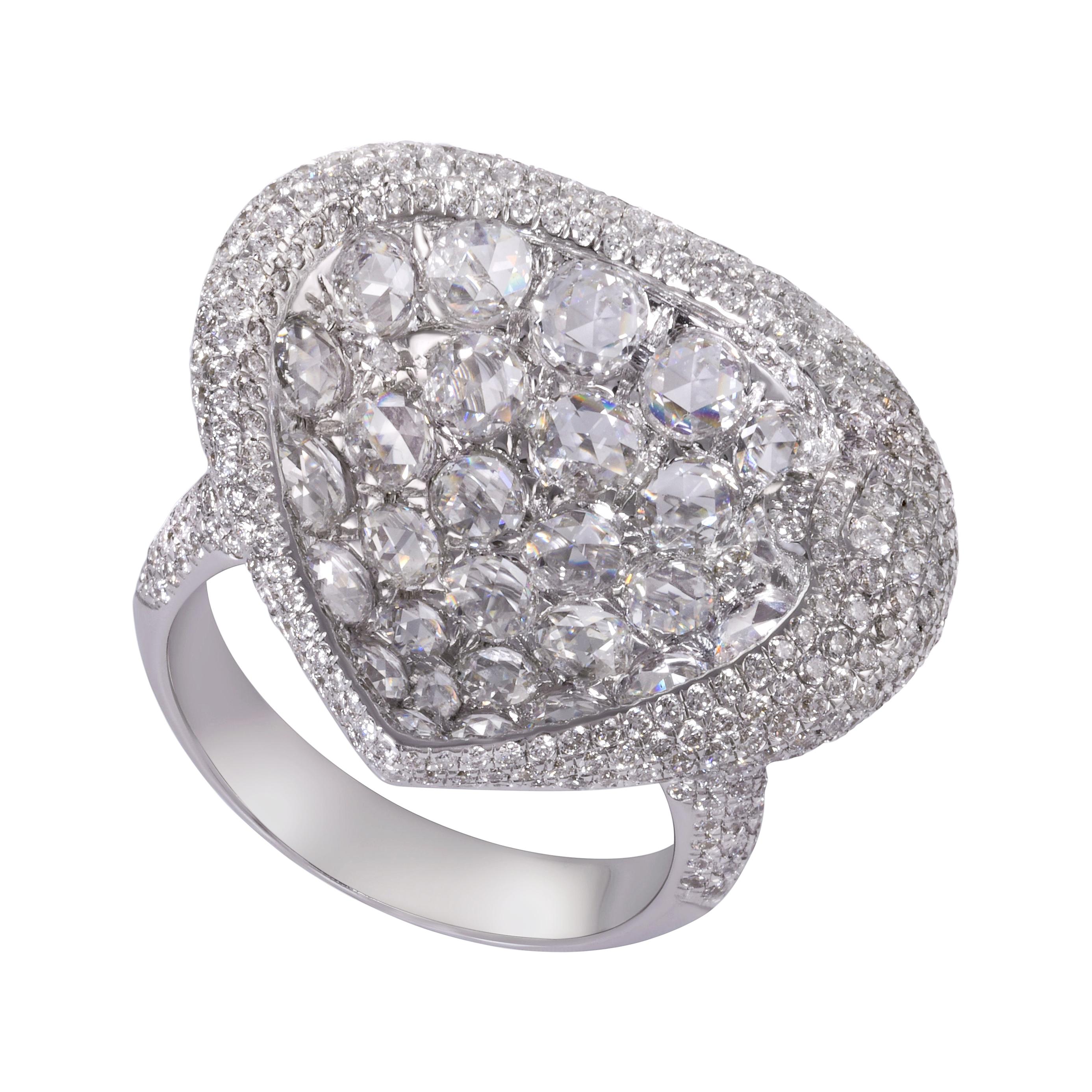 18 Karat White Gold 3.27 Carat Pave Rose Cut Diamond Cocktail Dress Ring For Sale