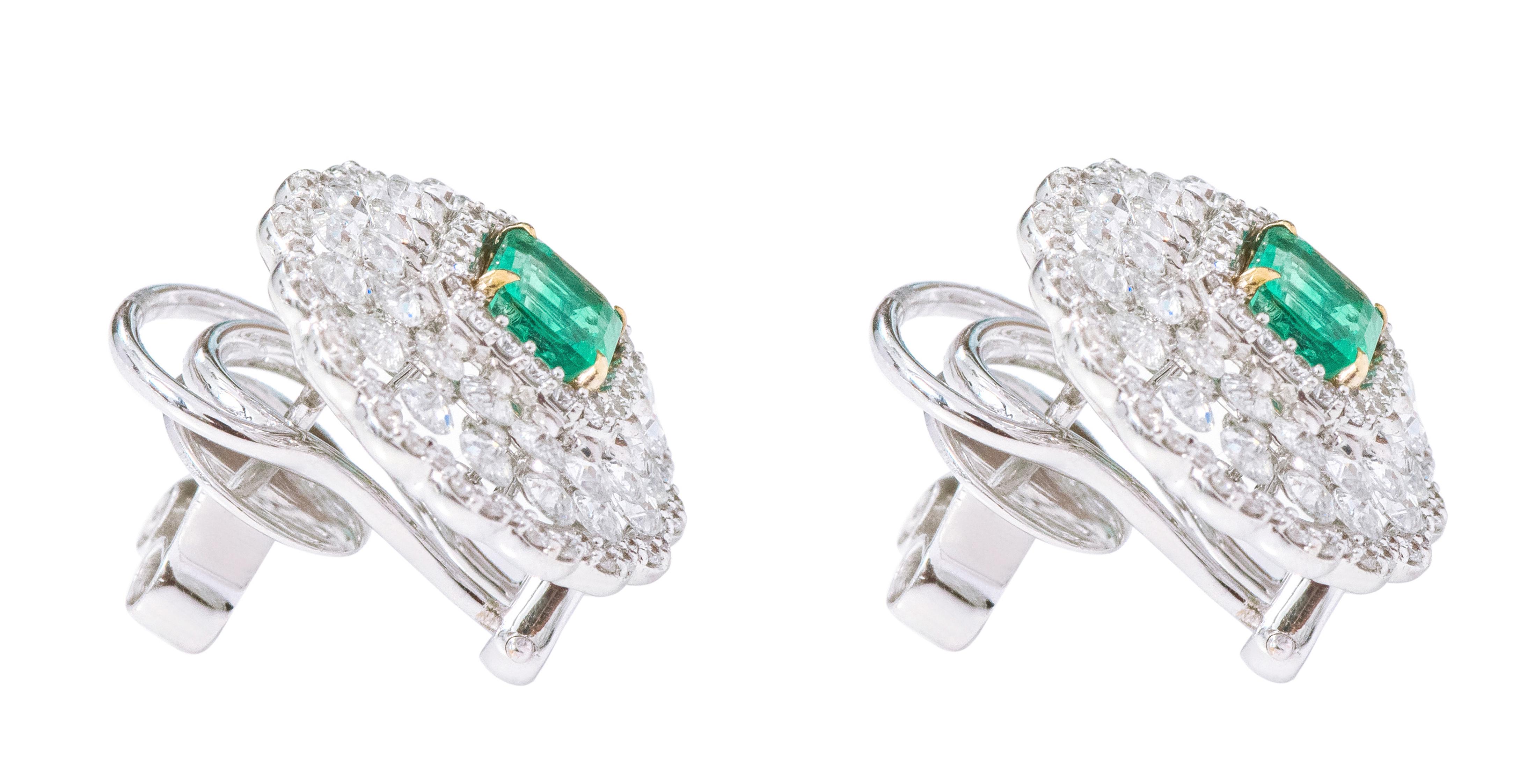 Emerald Cut 18 Karat White Gold 3.37 Carat Natural Emerald and Diamond Stud Earrings For Sale