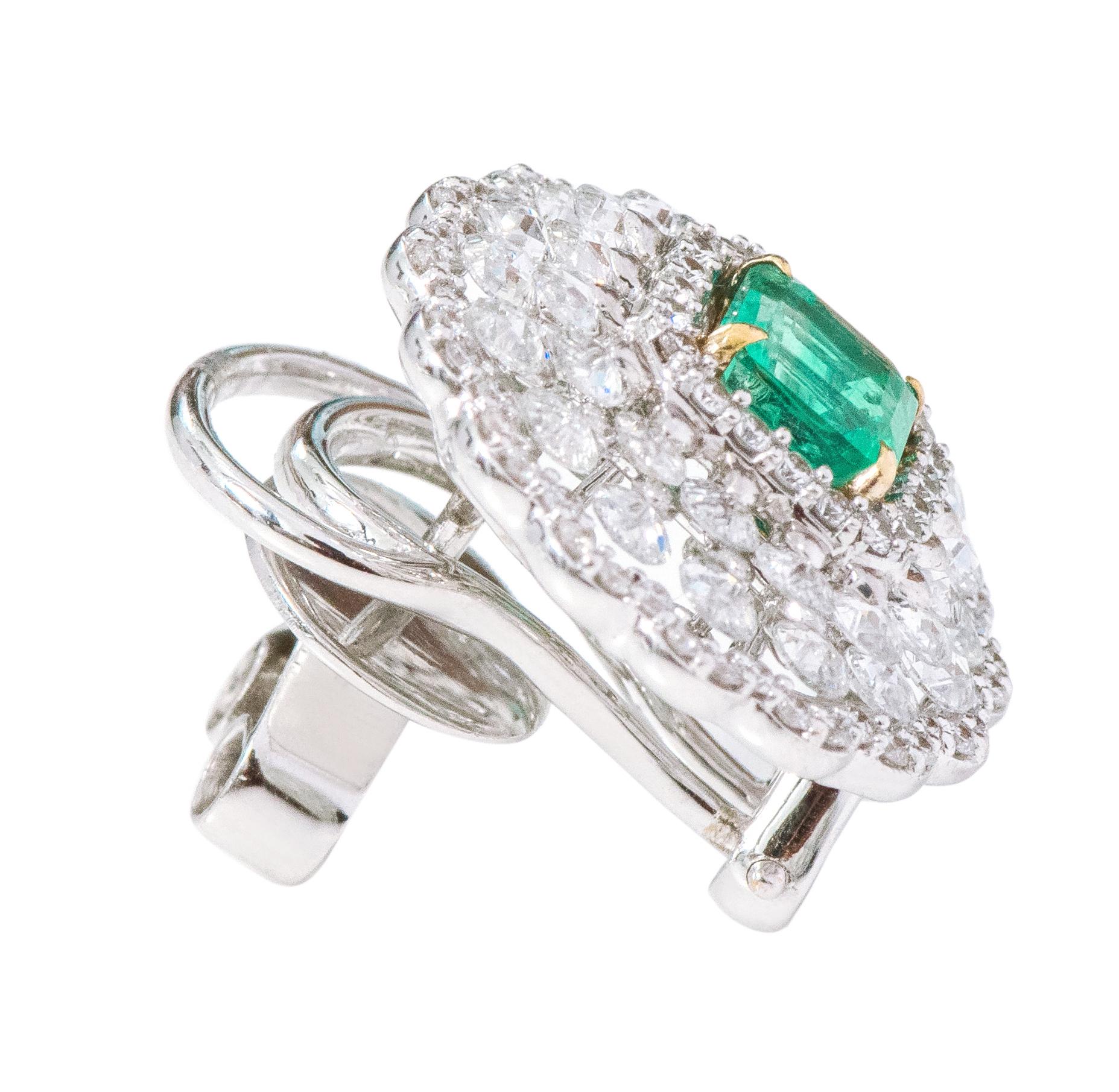 Women's 18 Karat White Gold 3.37 Carat Natural Emerald and Diamond Stud Earrings For Sale