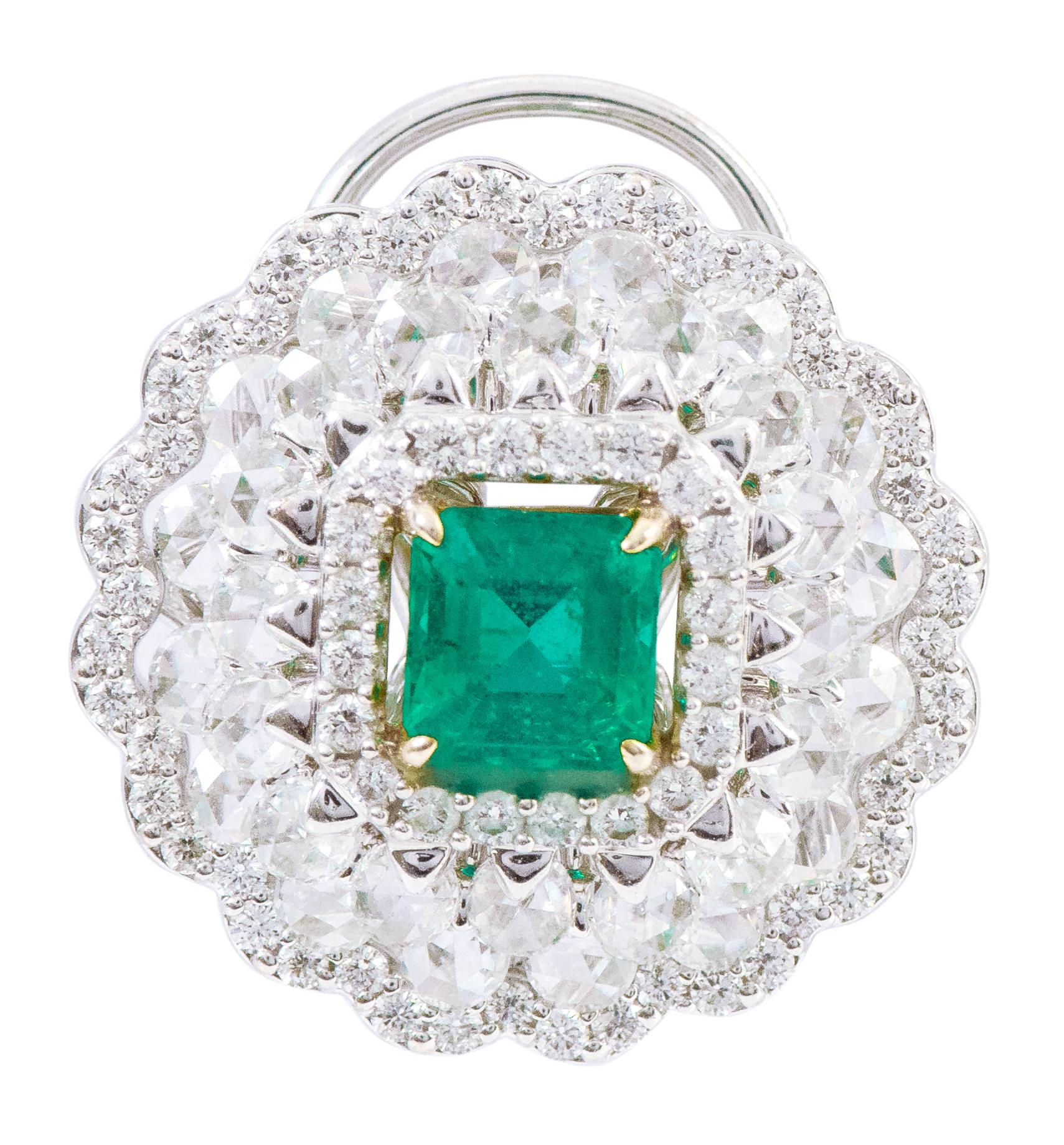 18 Karat White Gold 3.37 Carat Natural Emerald and Diamond Stud Earrings For Sale 1
