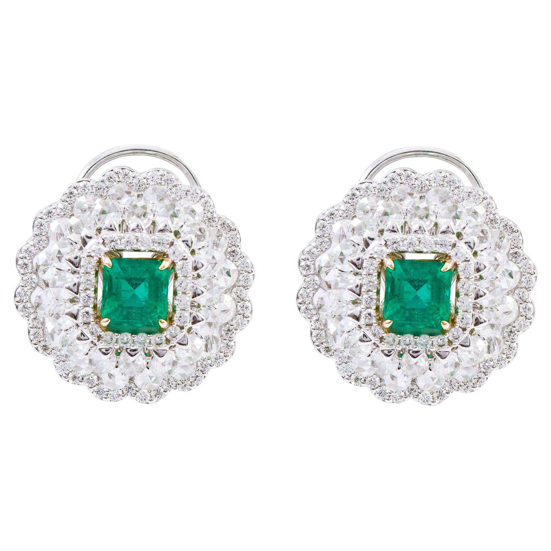 18 Karat White Gold 3.37 Carat Natural Emerald and Diamond Stud Earrings For Sale