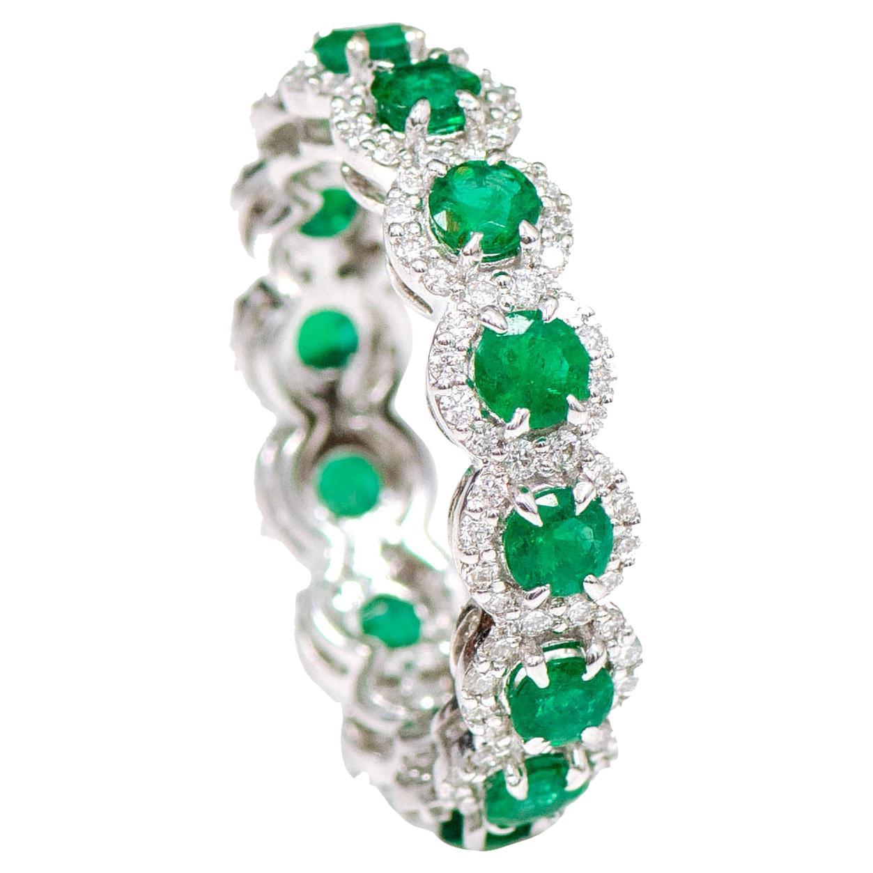 18 Karat White Gold 3.39 Carat Emerald and Diamond Cluster Eternity Band Ring