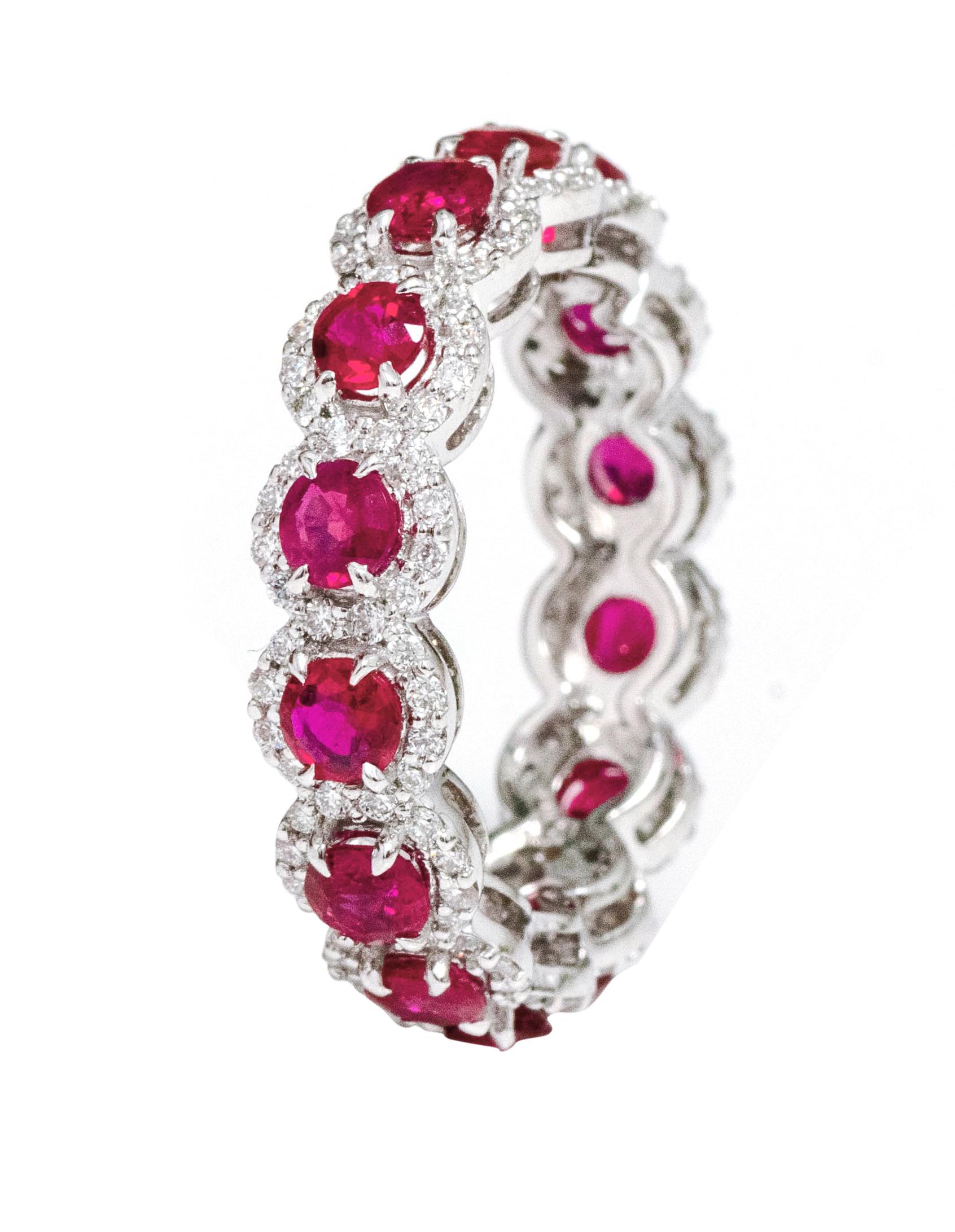 Contemporary 18 Karat White Gold 3.39 Carat Ruby and Diamond Cluster Eternity Band Ring For Sale