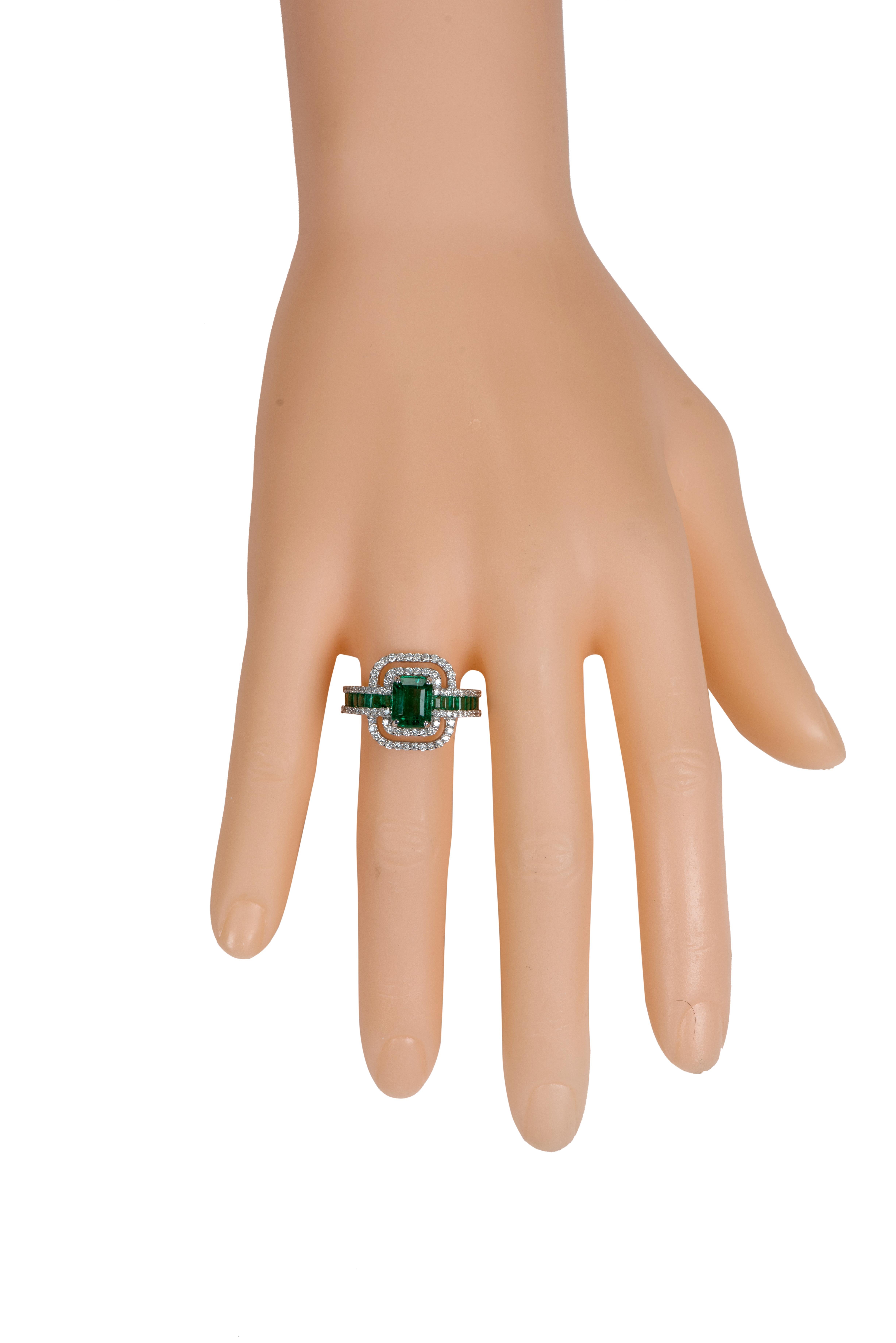 Contemporary 18 Karat White Gold 3.41 Carat Natural Emerald and Diamond Cluster Band Ring