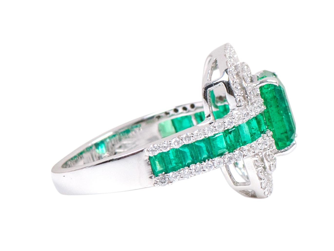 Emerald Cut 18 Karat White Gold 3.41 Carat Natural Emerald and Diamond Cluster Band Ring