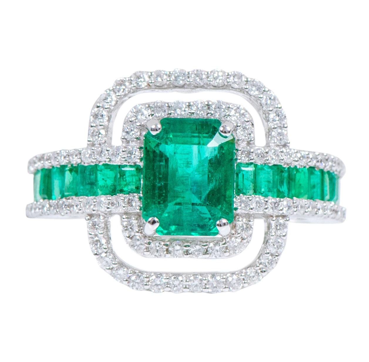 Women's 18 Karat White Gold 3.41 Carat Natural Emerald and Diamond Cluster Band Ring