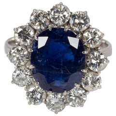 Used 18 Karat White Gold, 3.5 Carat Sapphire and 2 Carat Diamond Cluster Ring, 1950s
