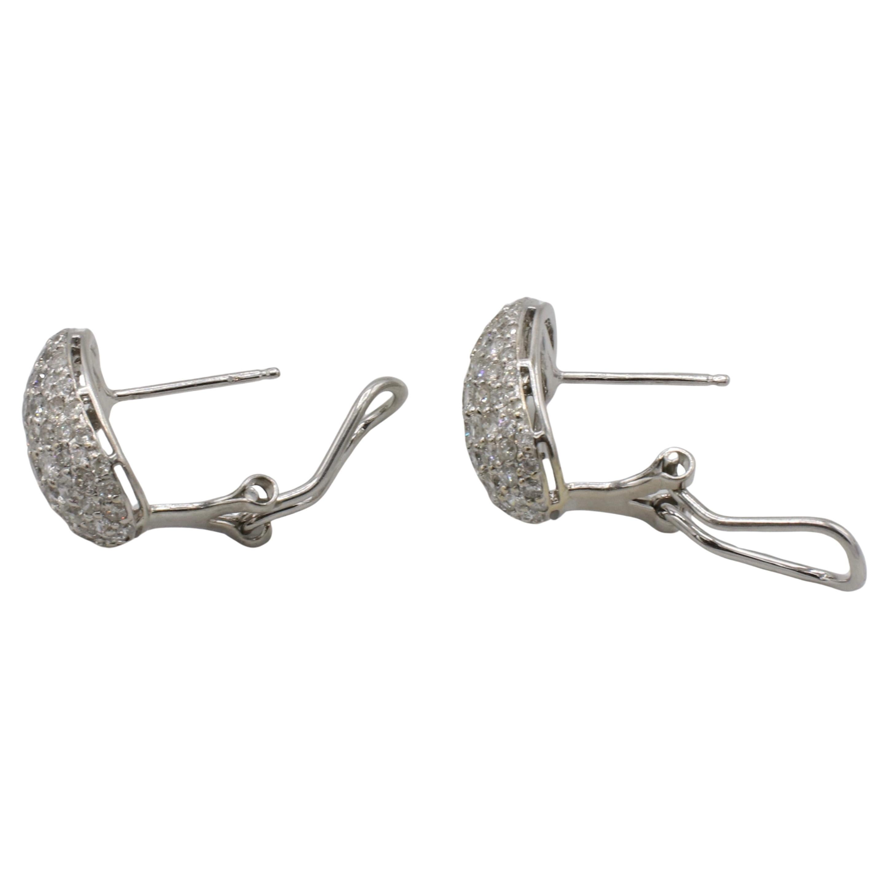 Round Cut 18 Karat White Gold 3.50 Carat Natural Pavé Diamond Cluster Earrings For Sale