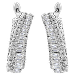 18 Karat White Gold 3.51 Carat SI/H Baguette Round Diamond Chain Hoop Earrings