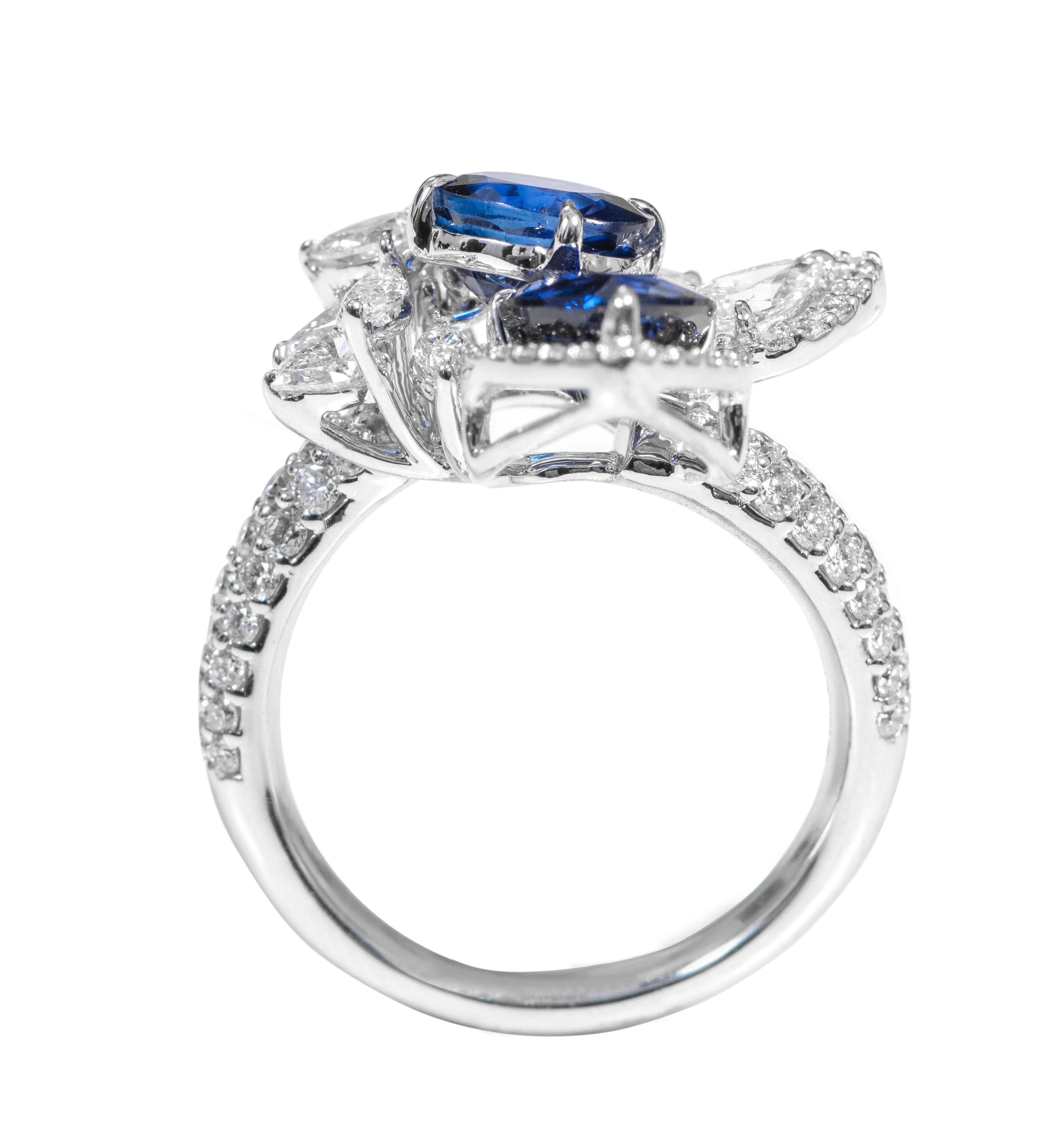 Pear Cut 18 Karat White Gold 3.54 Carat Sapphire and Diamond Cocktail Ring For Sale