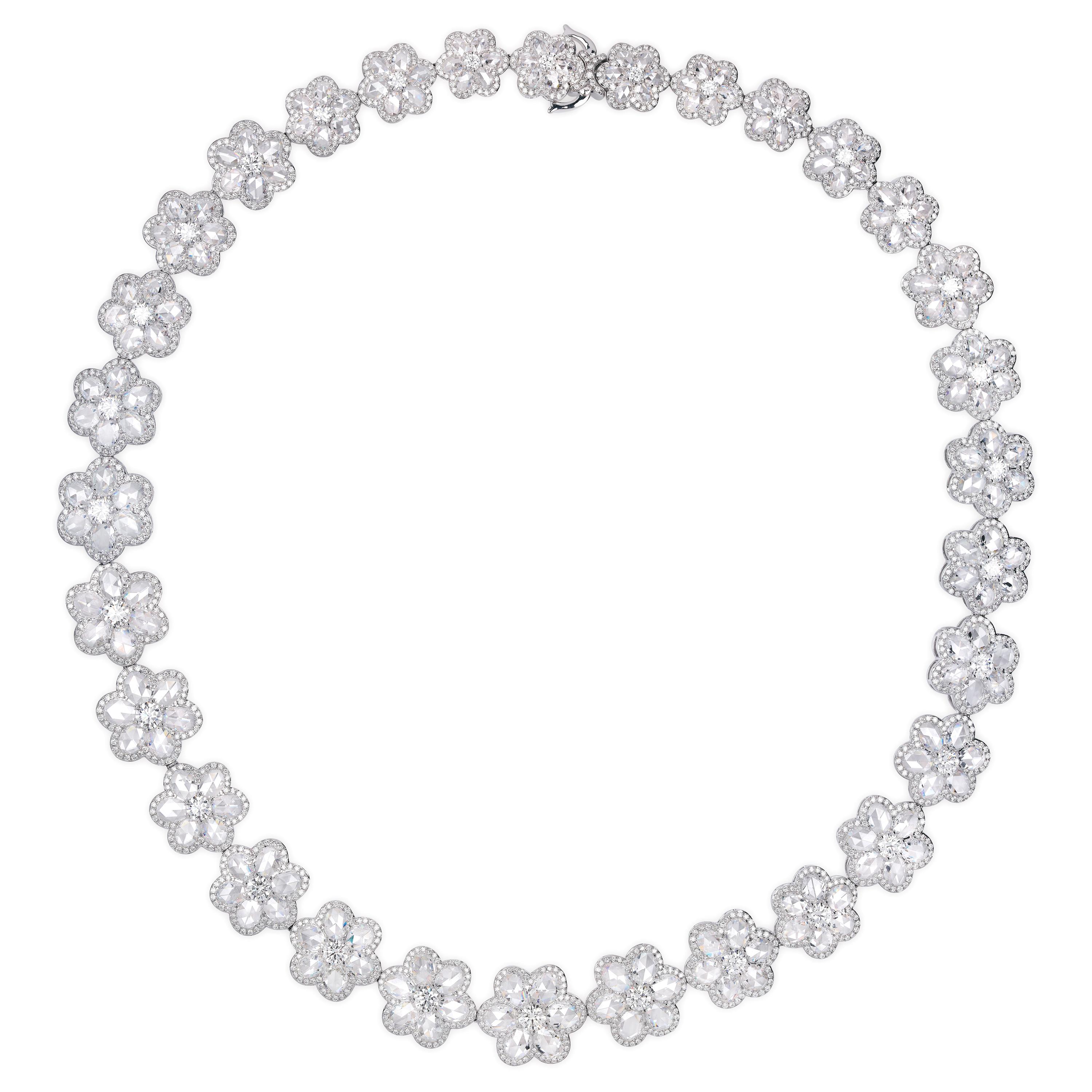 Rarever 18K White Gold 36.39cts Rose Cut Diamond Flower Collar Necklace For Sale