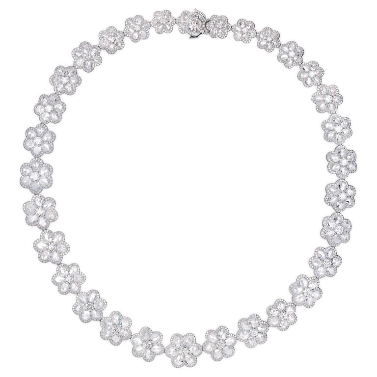 Rarever 18K White Gold 36.39cts Rose Cut Diamond Flower Collar Necklace ...