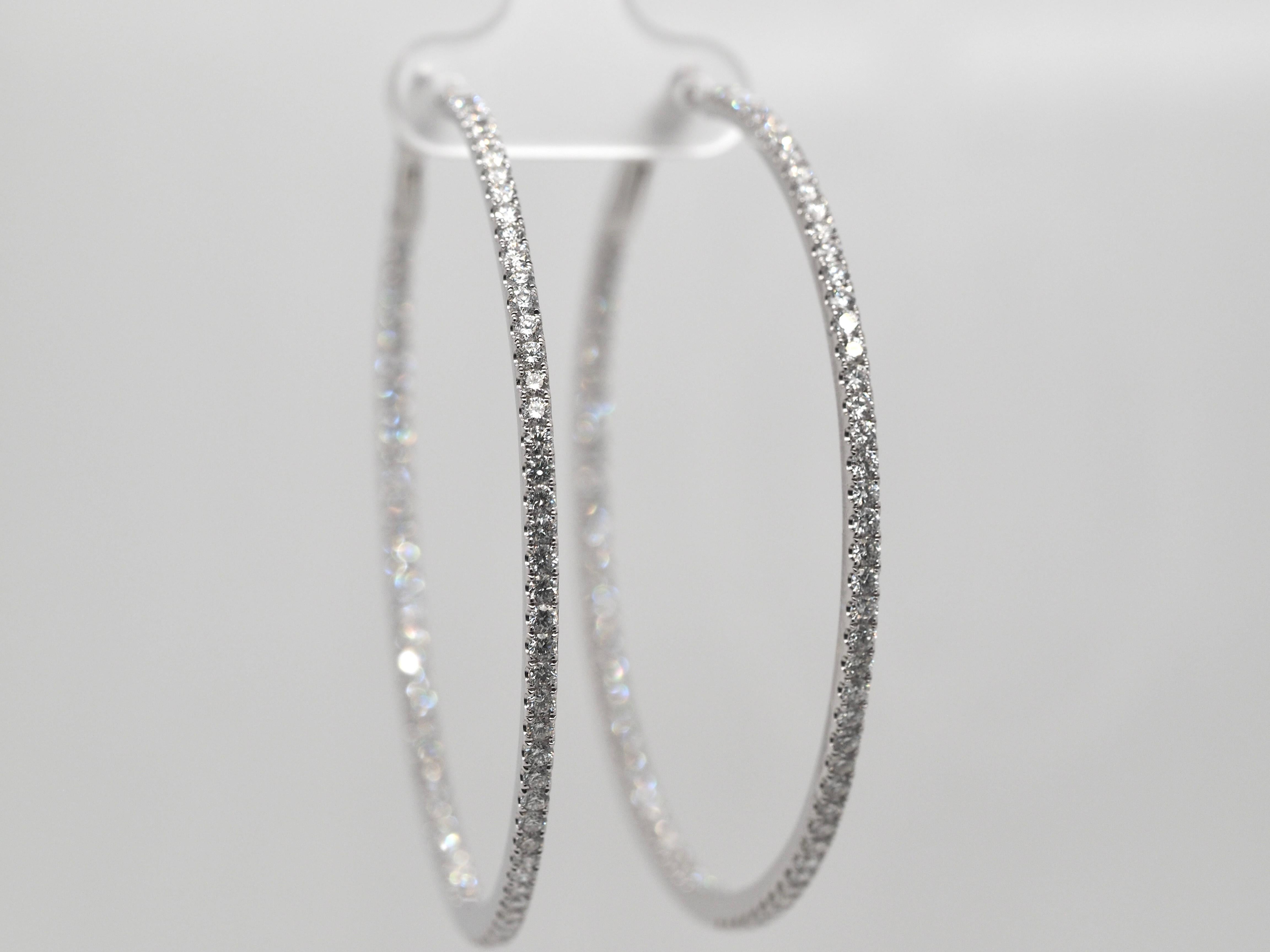 Modern 18 Karat White Gold 3.68CTW in and Out Diamond Hoop Earrings For Sale