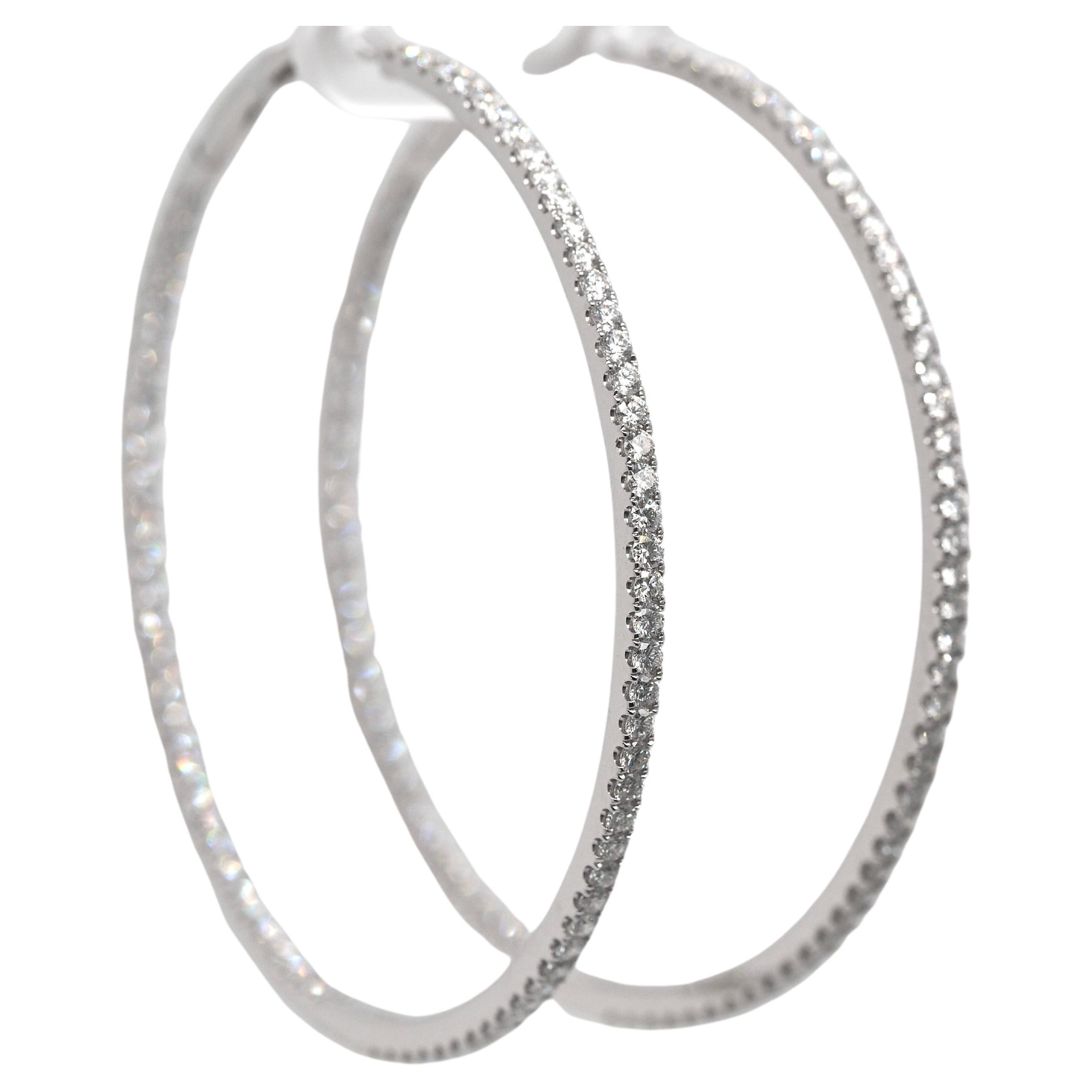 18 Karat White Gold 3.68CTW in and Out Diamond Hoop Earrings