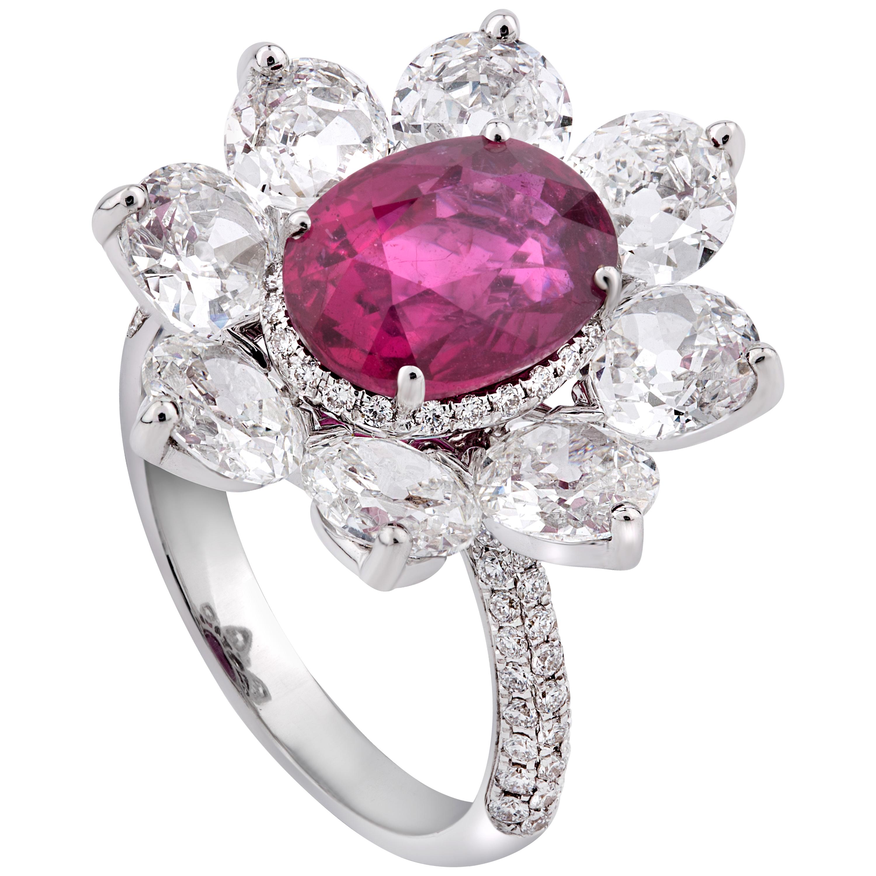 Rarever 18K White Gold 3.69ct Oval Old Cut Ruby and Diamond Ring For ...