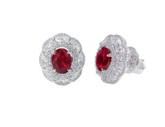 Clous d'oreilles en or blanc 18 carats avec grappe de diamants et rubis de 3,62 carats