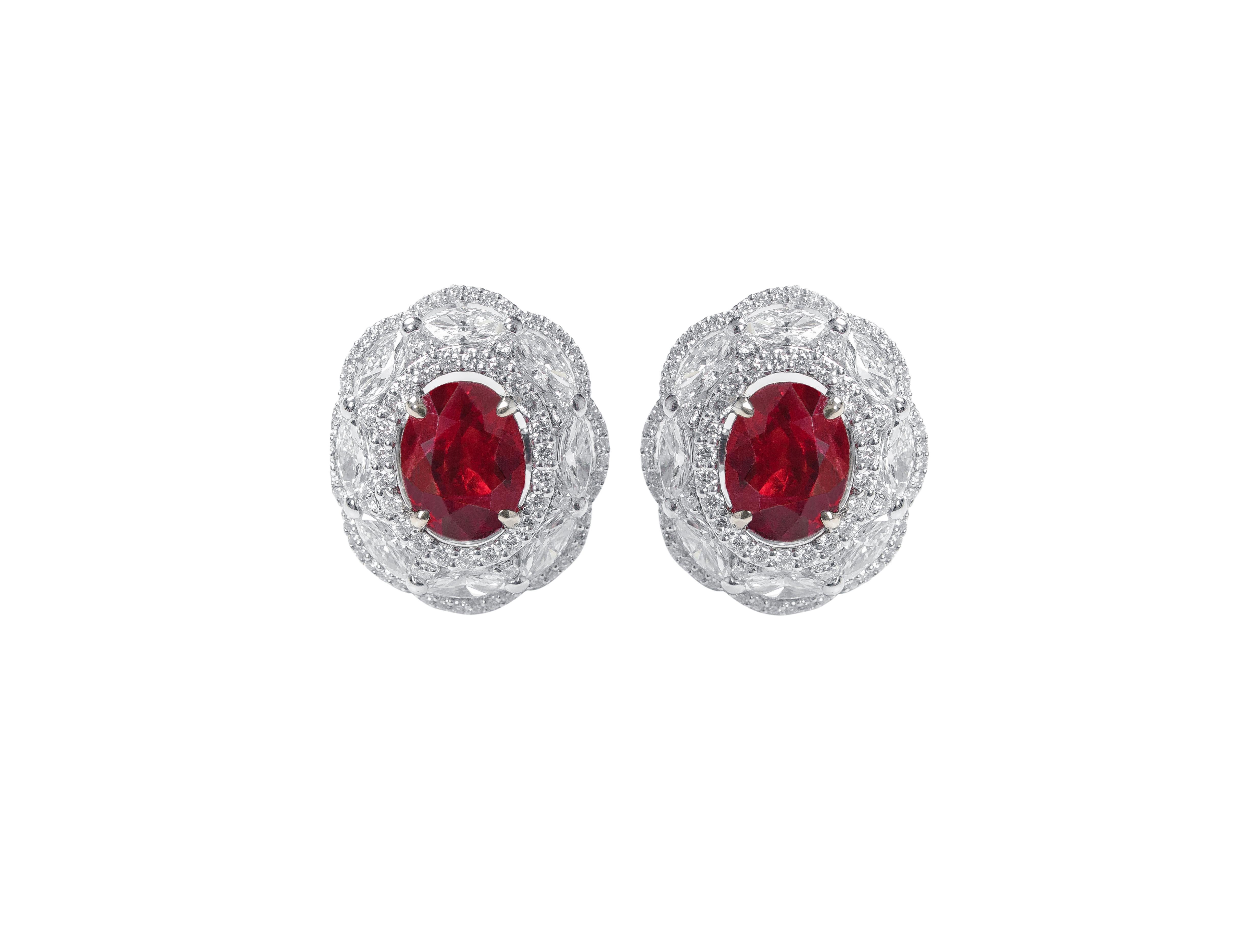 Modern 18 Karat White Gold 3.72 Carat Ruby and Diamond Cluster Stud Earrings For Sale