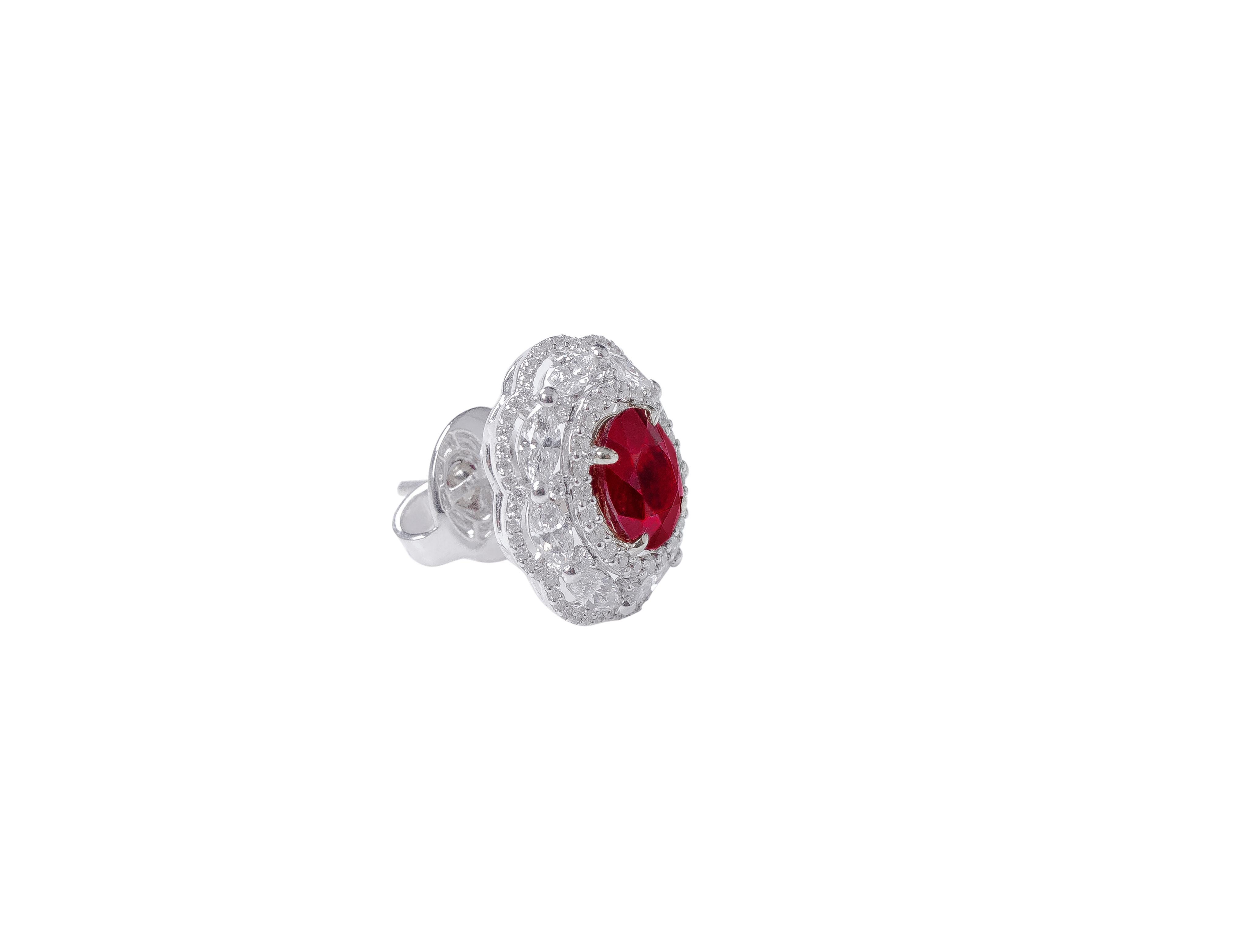 Oval Cut 18 Karat White Gold 3.72 Carat Ruby and Diamond Cluster Stud Earrings For Sale