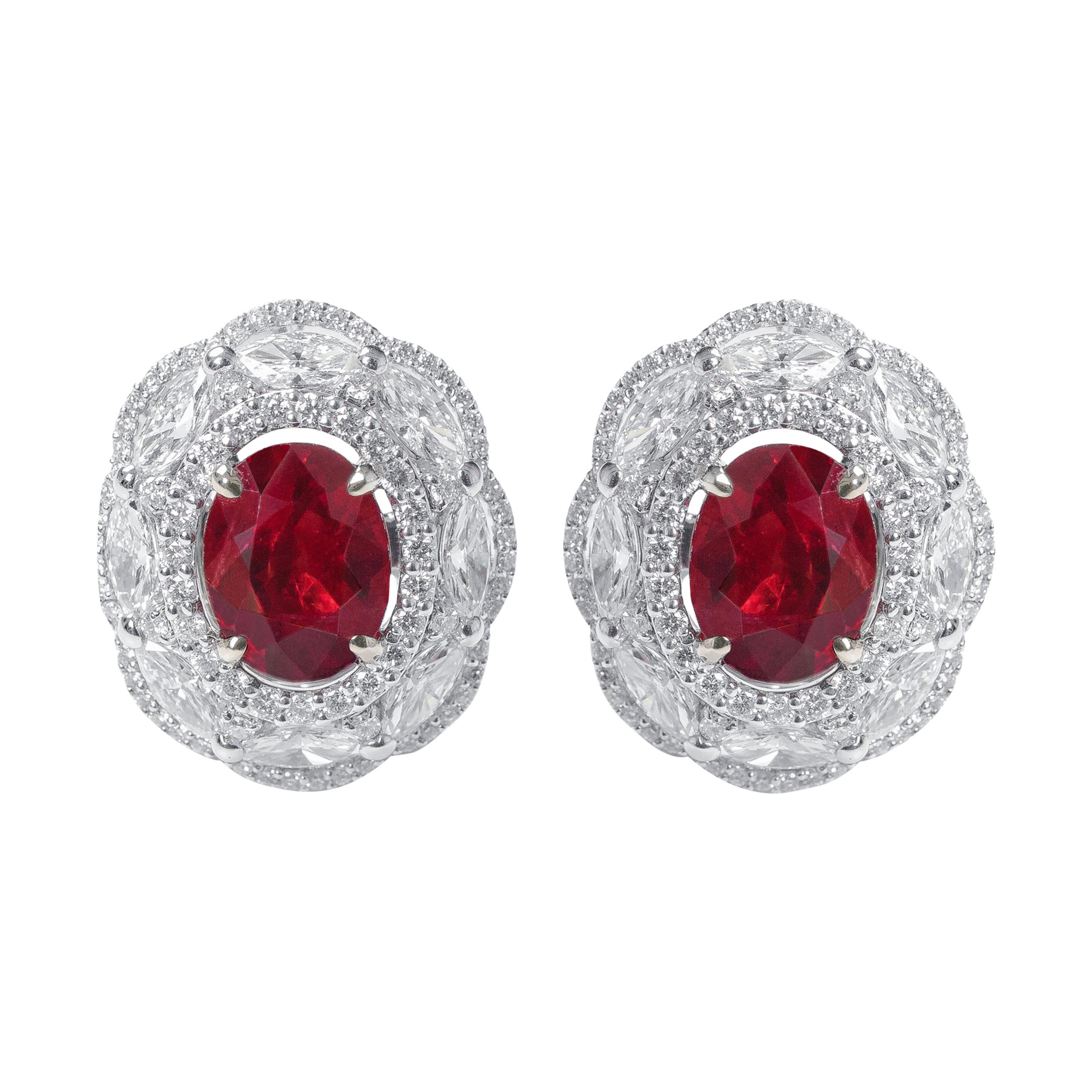 18 Karat White Gold 3.72 Carat Ruby and Diamond Cluster Stud Earrings For Sale