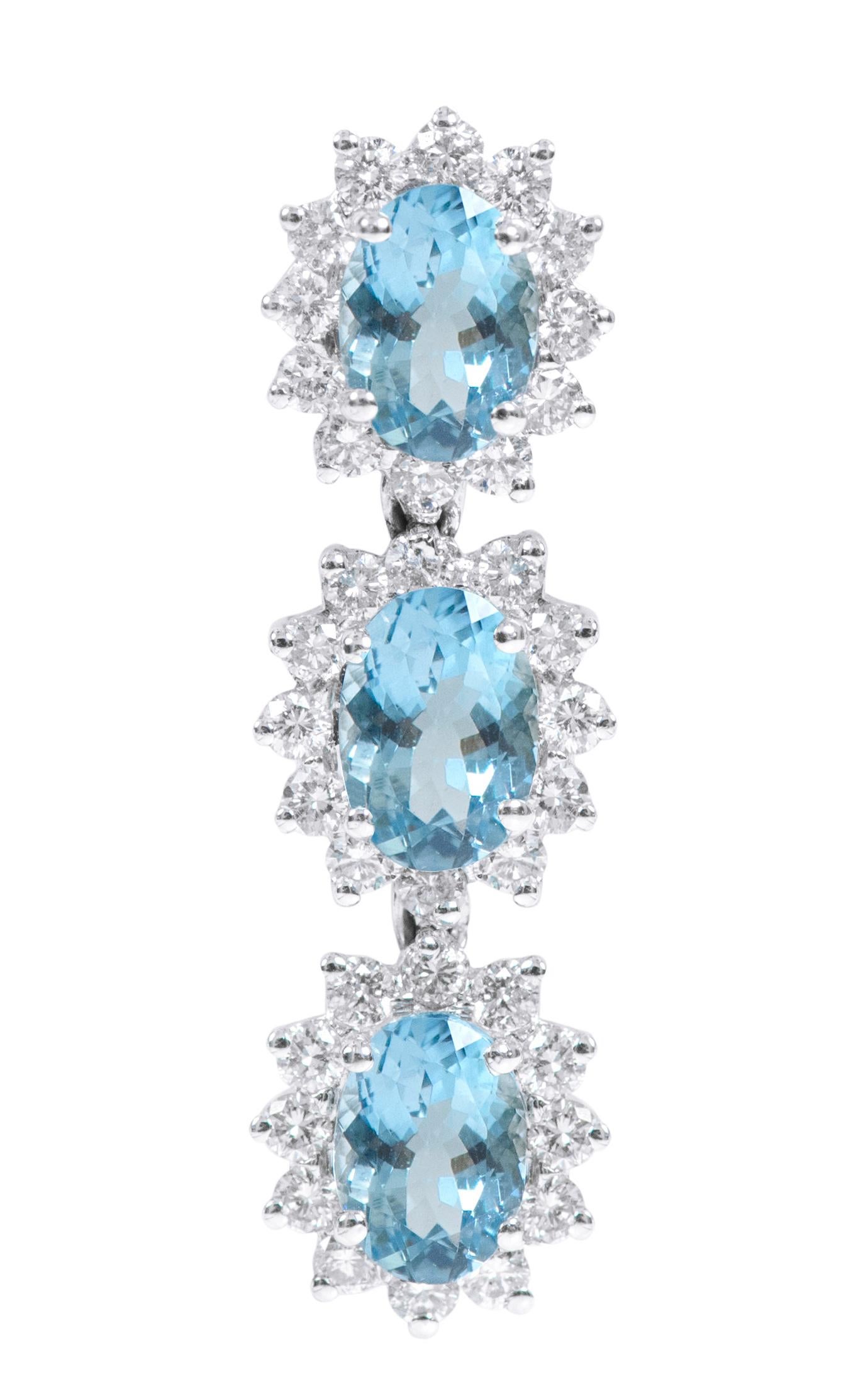 Women's 18 Karat White Gold 3.78 Carat Aquamarine and Diamond Cluster Dangle Earrings For Sale