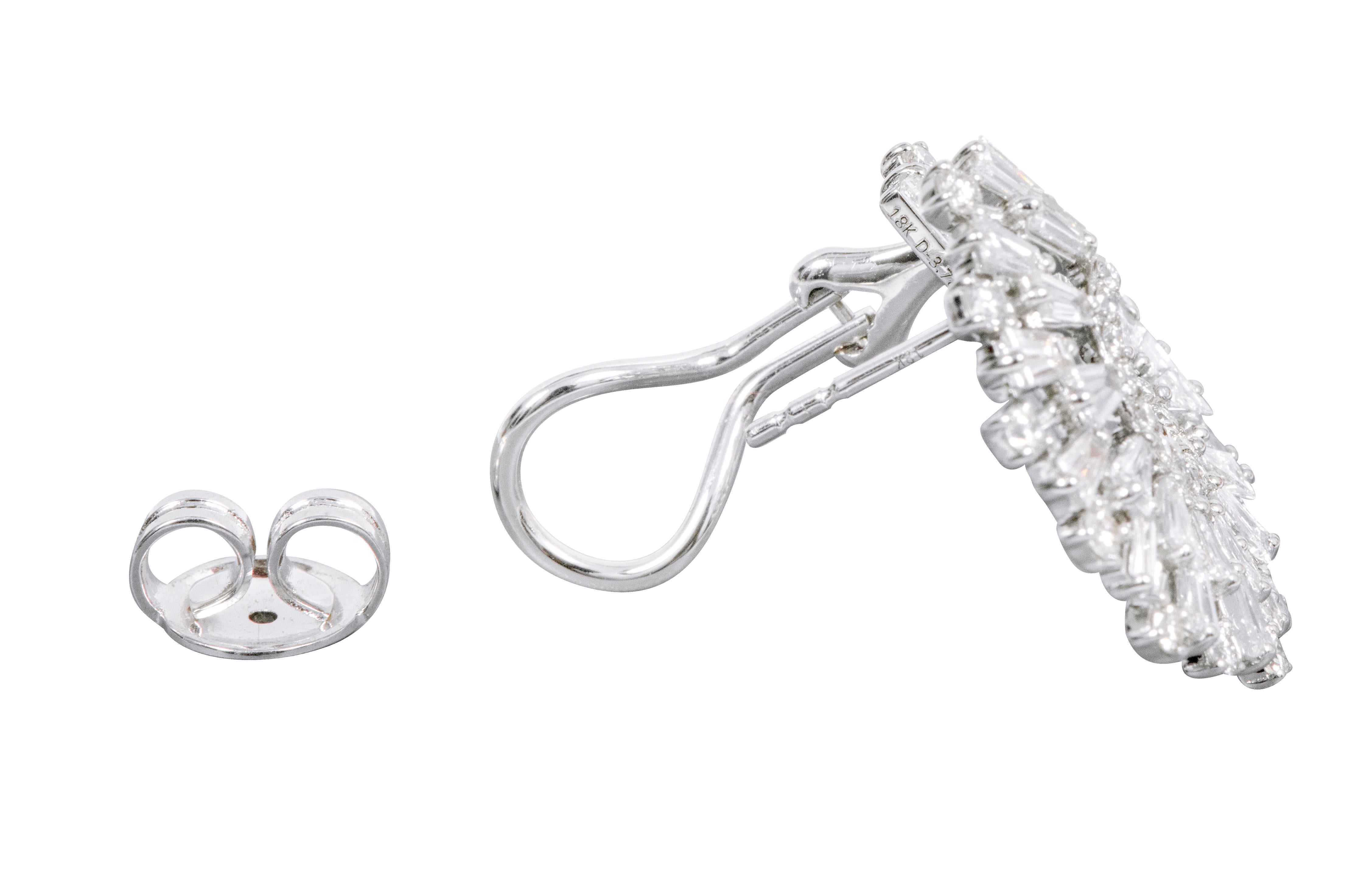 18 Karat White Gold 3.78 Carat Diamond Modified-Hoop Earrings For Sale 1