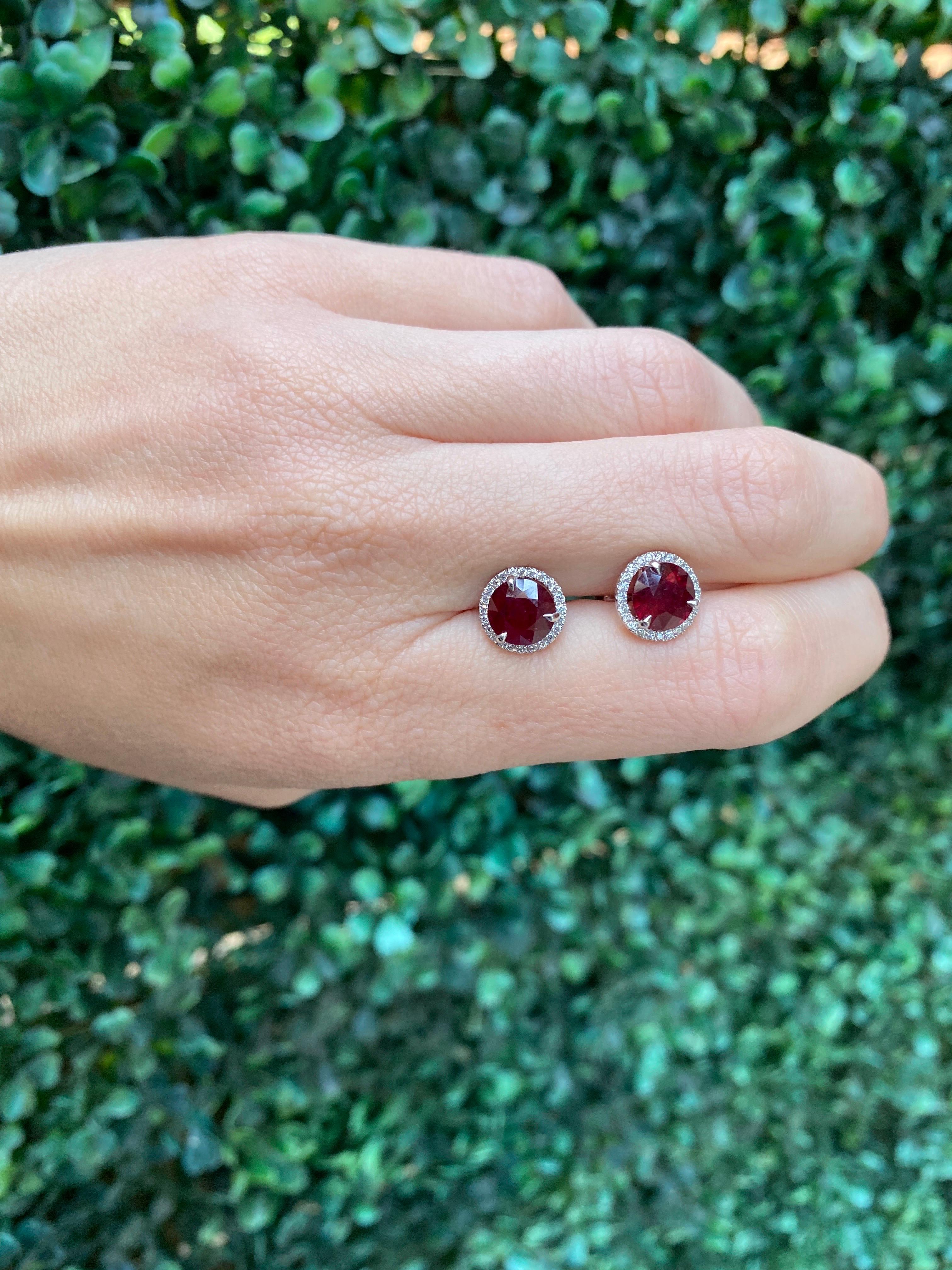 18 Karat White Gold 3.78ctw Madagascar Ruby with 0.29ctw Diamond Halo Studs In New Condition For Sale In Houston, TX