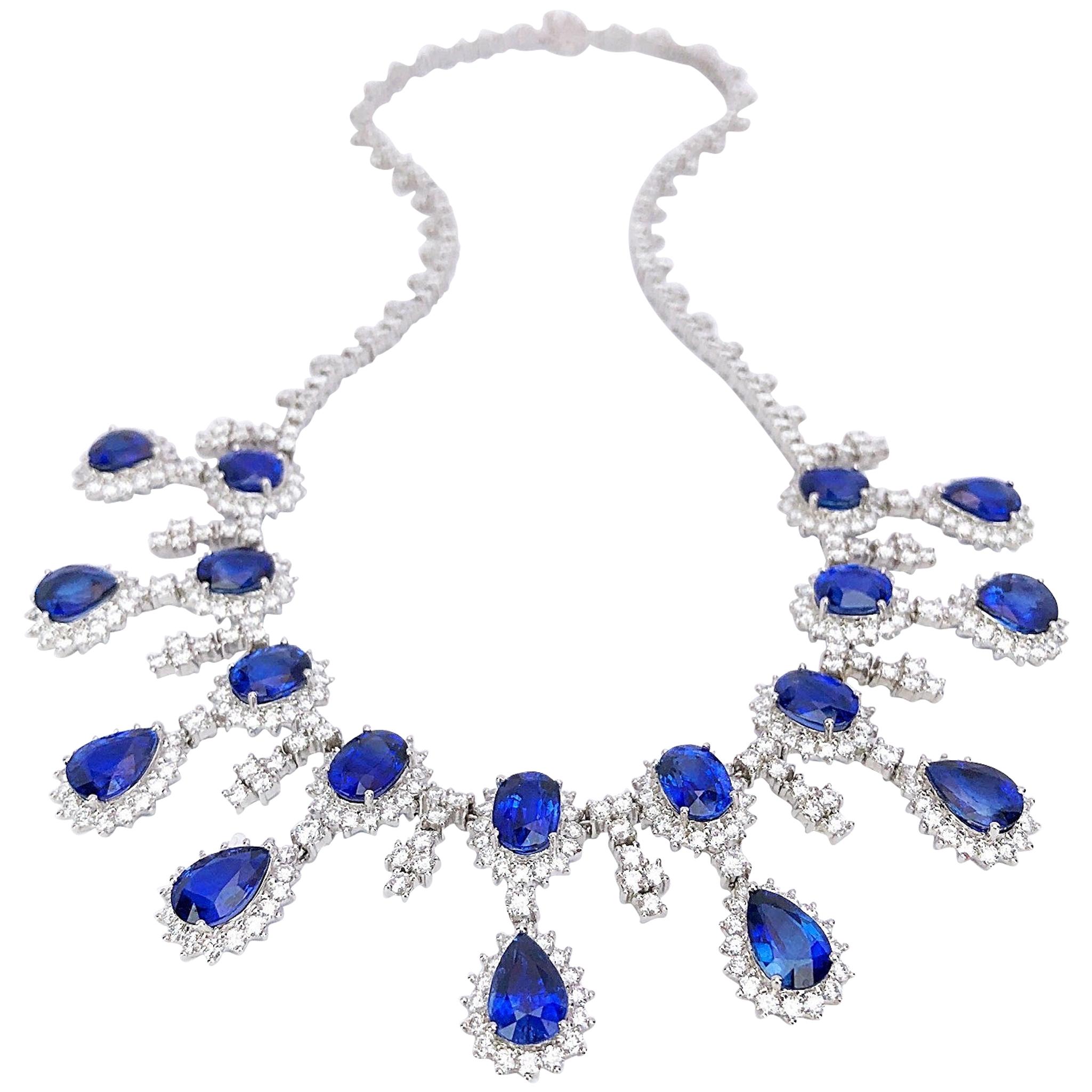 18 Karat White Gold, 37.93 Carat Blue Sapphire and 13.89 Carat Diamond Necklace For Sale