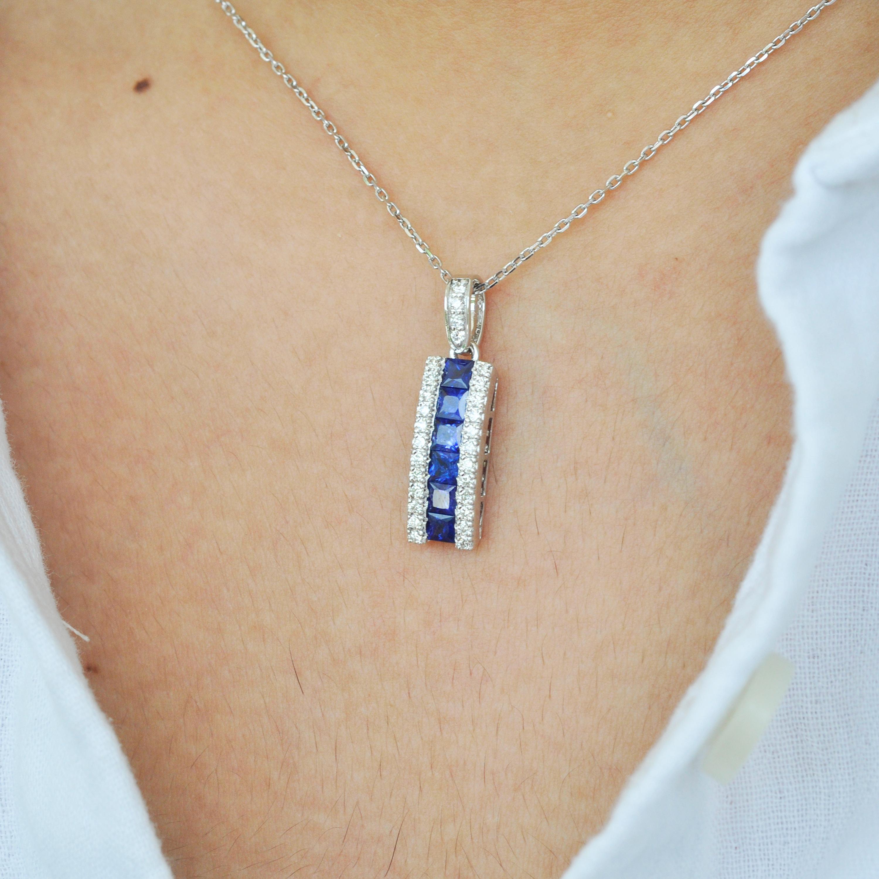 18 Karat White Gold 3MM Channel Set Princess Cut Blue Sapphire Diamond Pendant For Sale 5
