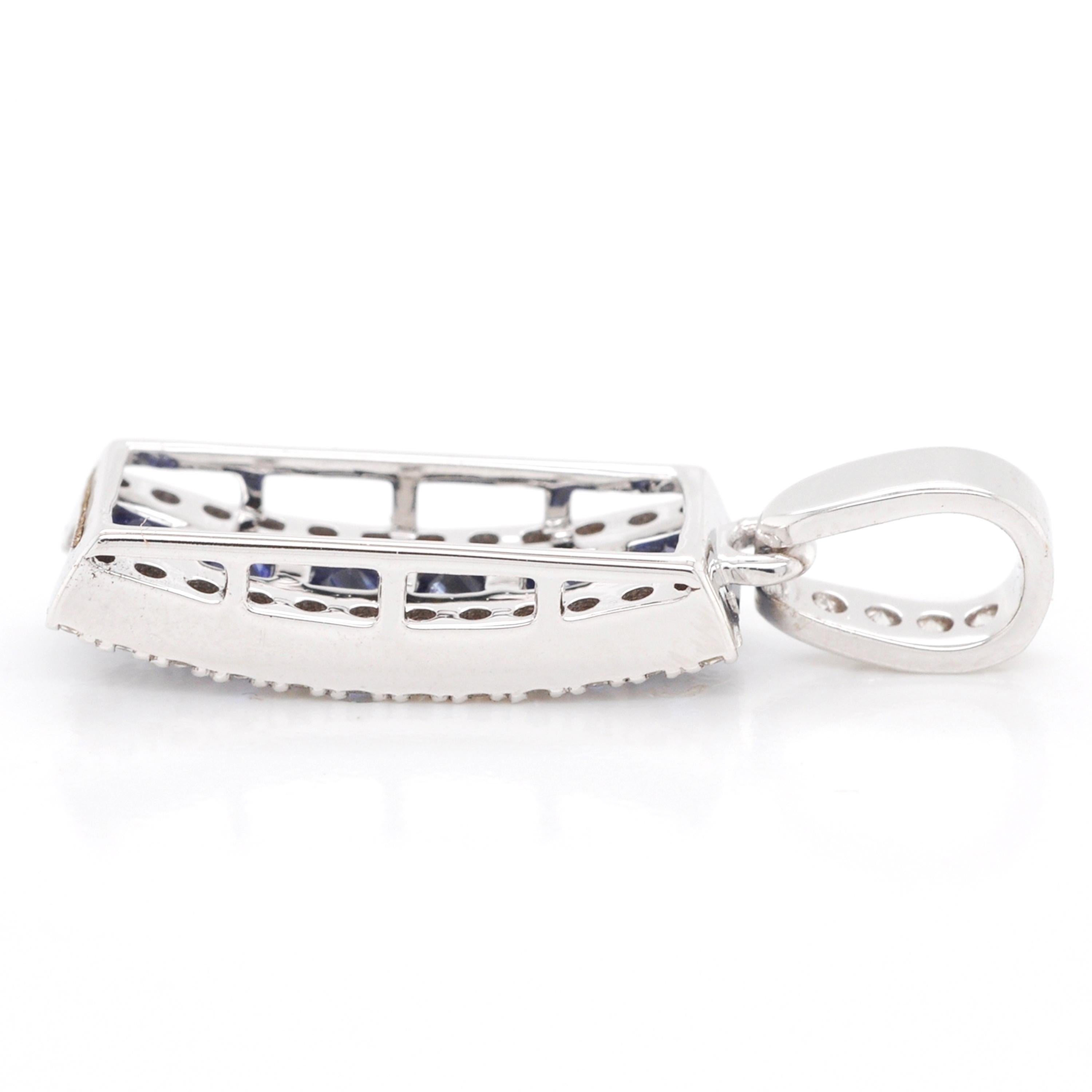 18 Karat White Gold 3MM Channel Set Princess Cut Blue Sapphire Diamond Pendant For Sale 1