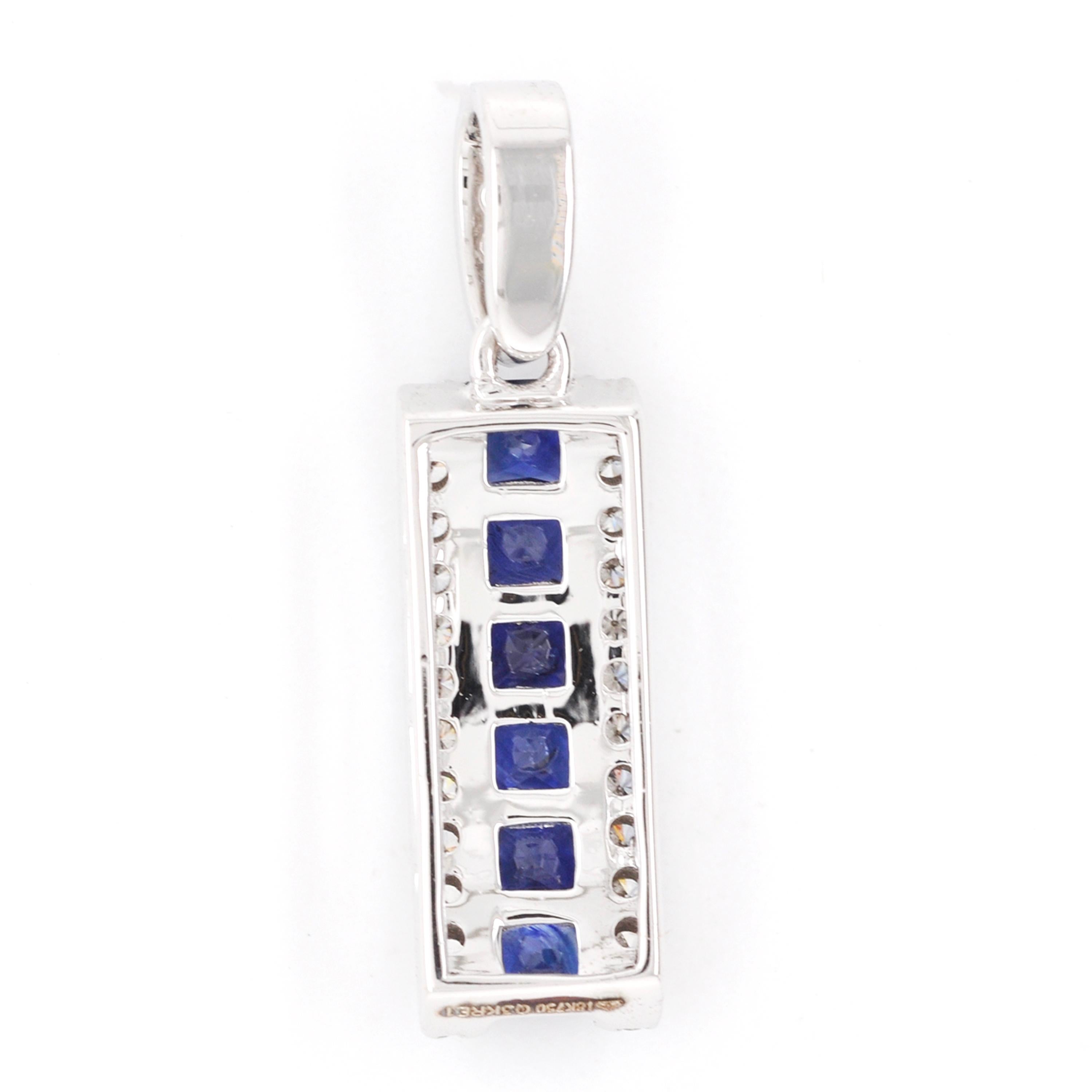 18 Karat White Gold 3MM Channel Set Princess Cut Blue Sapphire Diamond Pendant For Sale 2