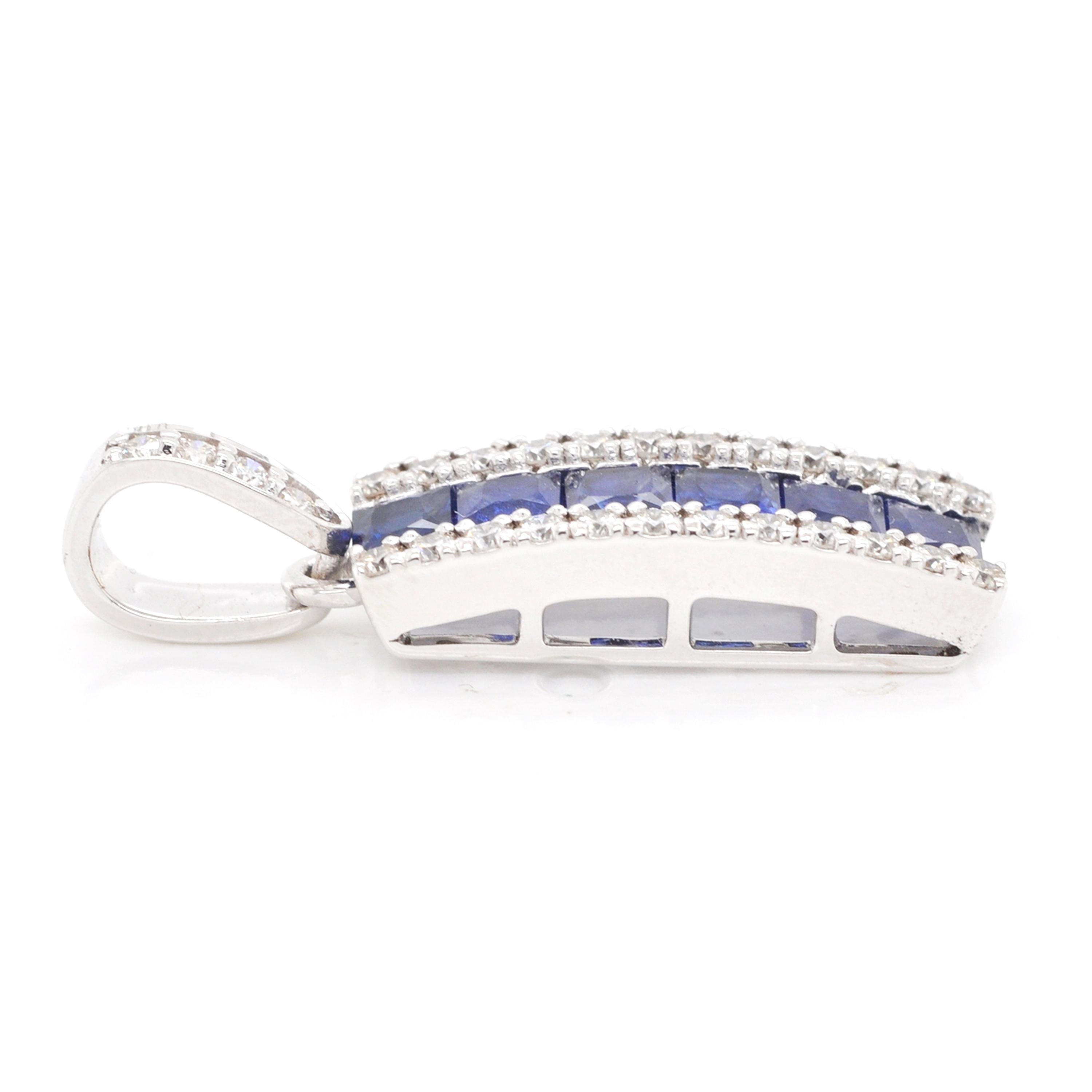 18 Karat White Gold 3MM Channel Set Princess Cut Blue Sapphire Diamond Pendant For Sale 3